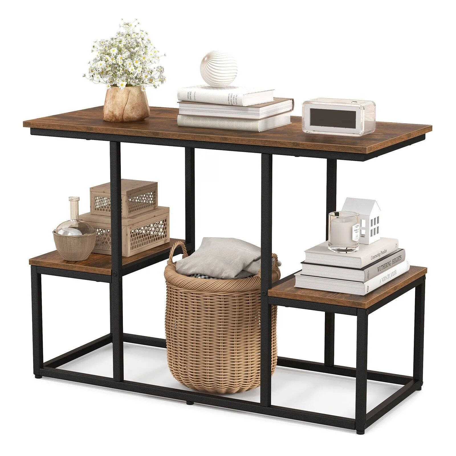 Costway Rustic TV Console Table for 50 Inches TVs Industrial Sofa Table Rack in Brown