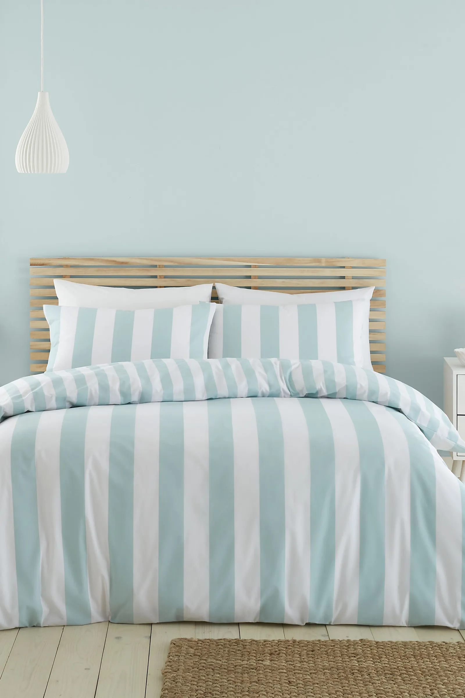 Catherine Lansfield 'Cove Stripe' Reversible Duvet Cover Set in Duck Egg Blue 1