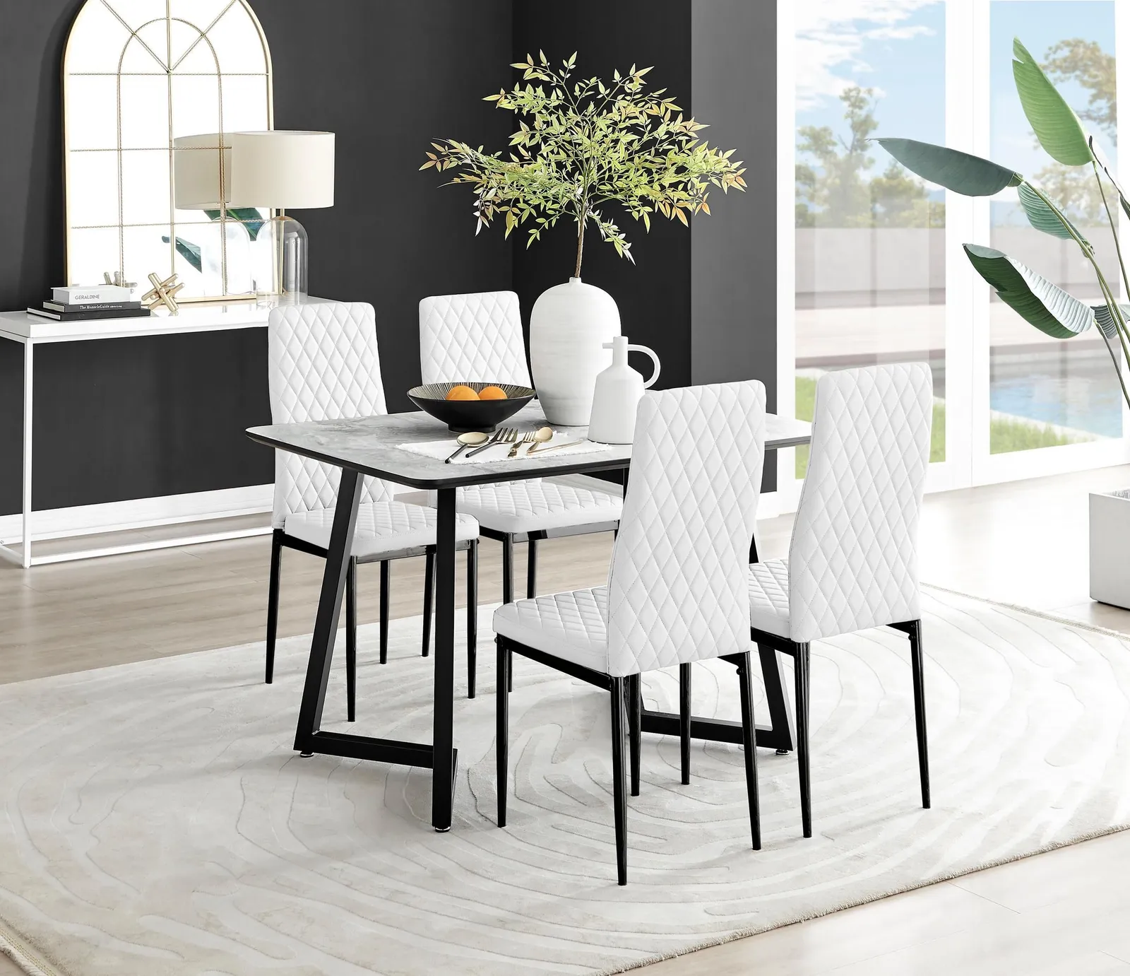 FurnitureboxUK Carson White Marble Effect Dining Table & 4 Milan Black Leg Chairs 1