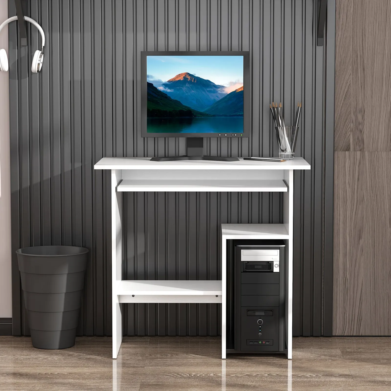 HOMCOM Compact Small Computer Table Wooden Desk Keyboard Tray Storage in White
