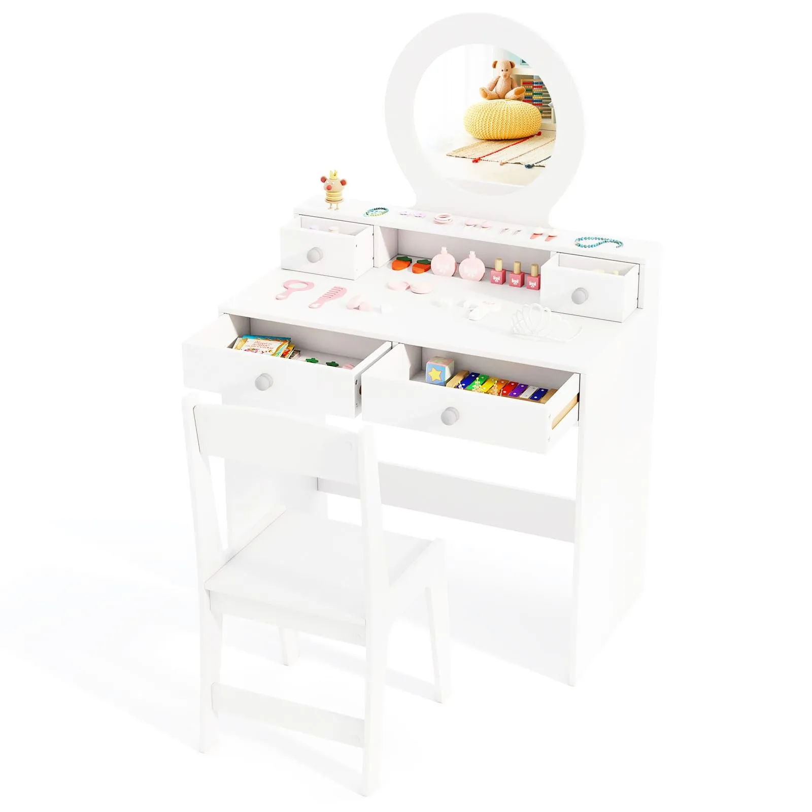 Costway Vanity Set Princess Makeup Dressing Desk & Chair w/ Mirror in White