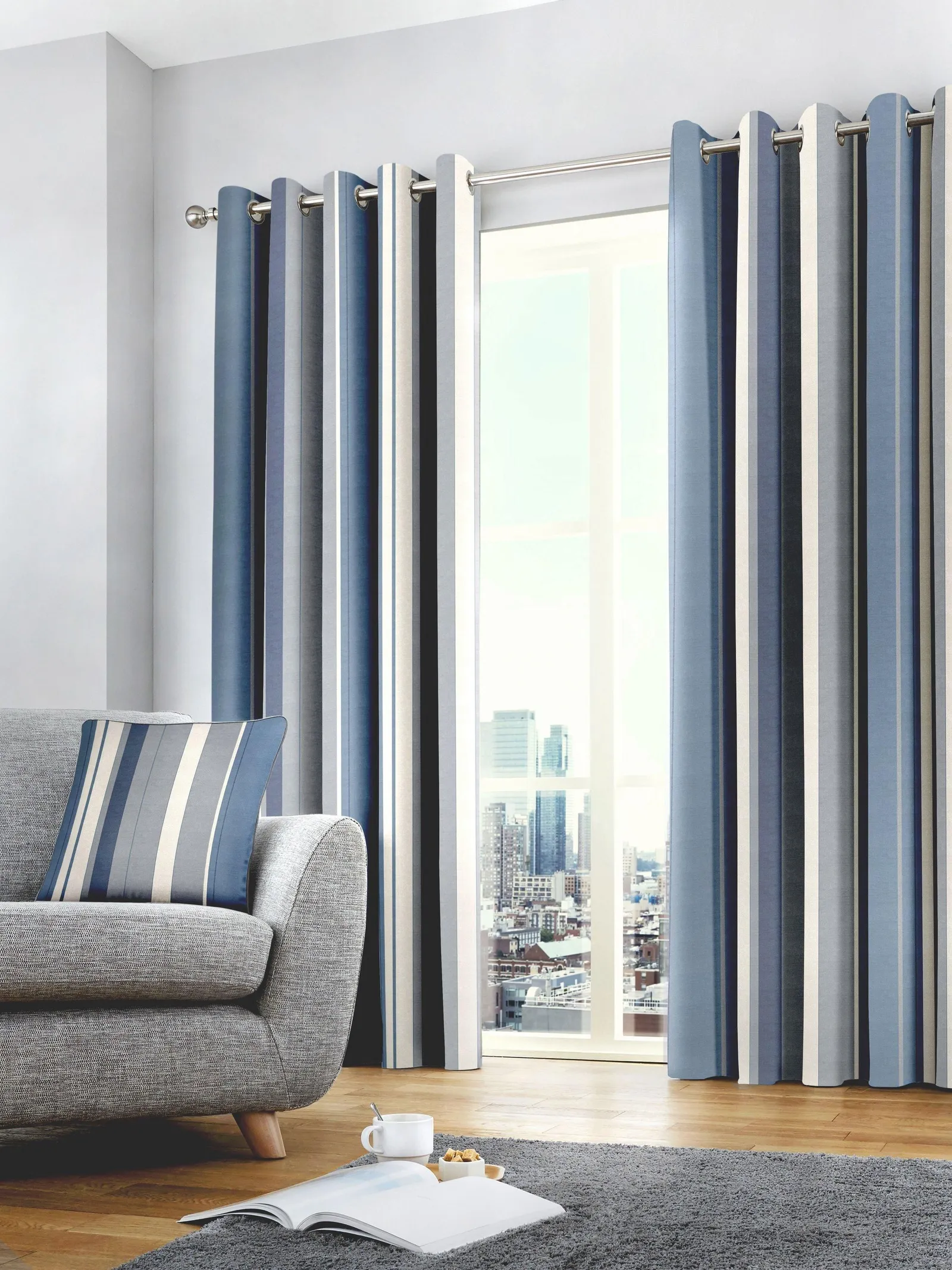 Fusion 'Whitworth Stripe' Fully Lined 100% Cotton Eyelet Curtains in Blue 4