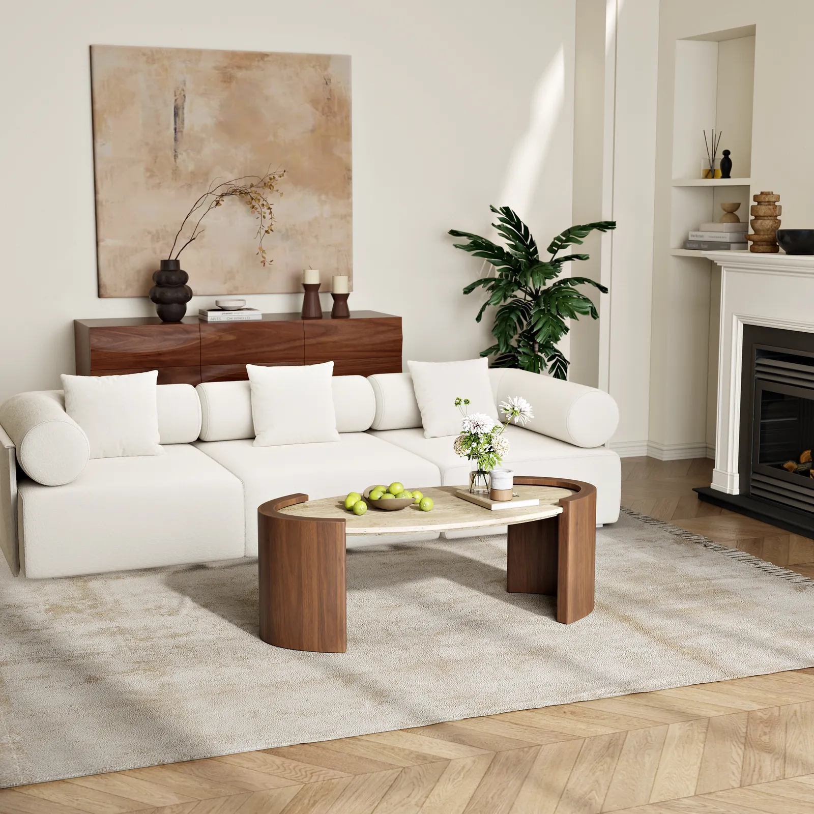 110 cm Japandi Oval Travertine Stone Top Coffee Table