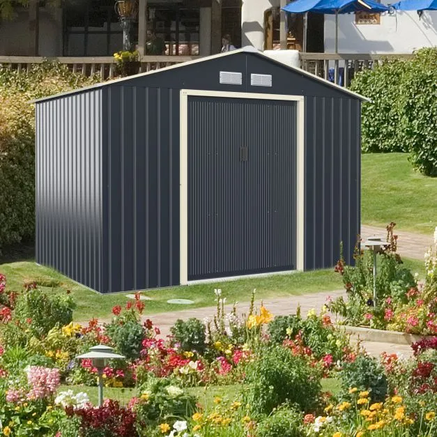 Costway 9.2FT x 6.5FT Outdoor Storage Shed Large Organizer House Double Sliding Door in Grey 2
