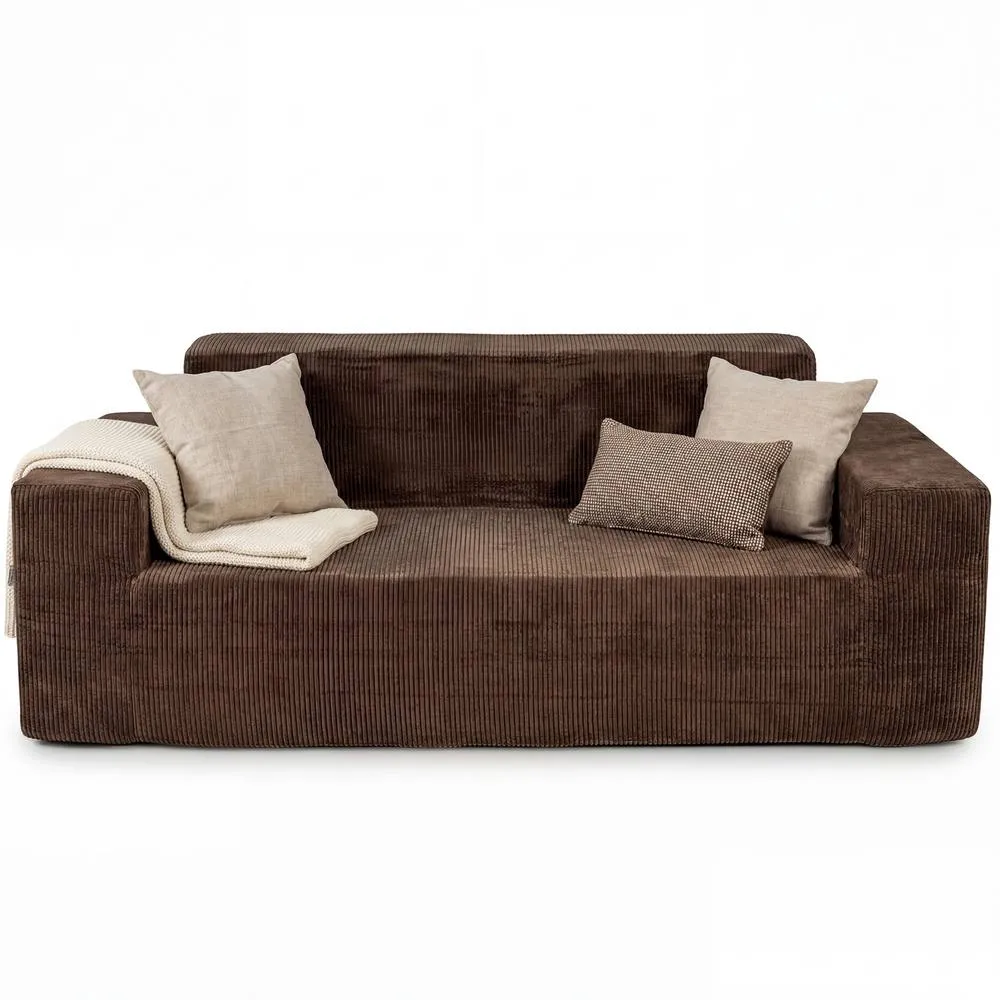 Costway Corduroy 3 Seater Sofa Brown Boneless Couch with High Backrest Deep Seat