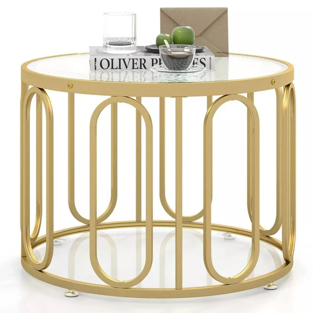Costway 60cm Round Coffee Table 2-Tier Accent Table Modern Sofa Center Table in Gold