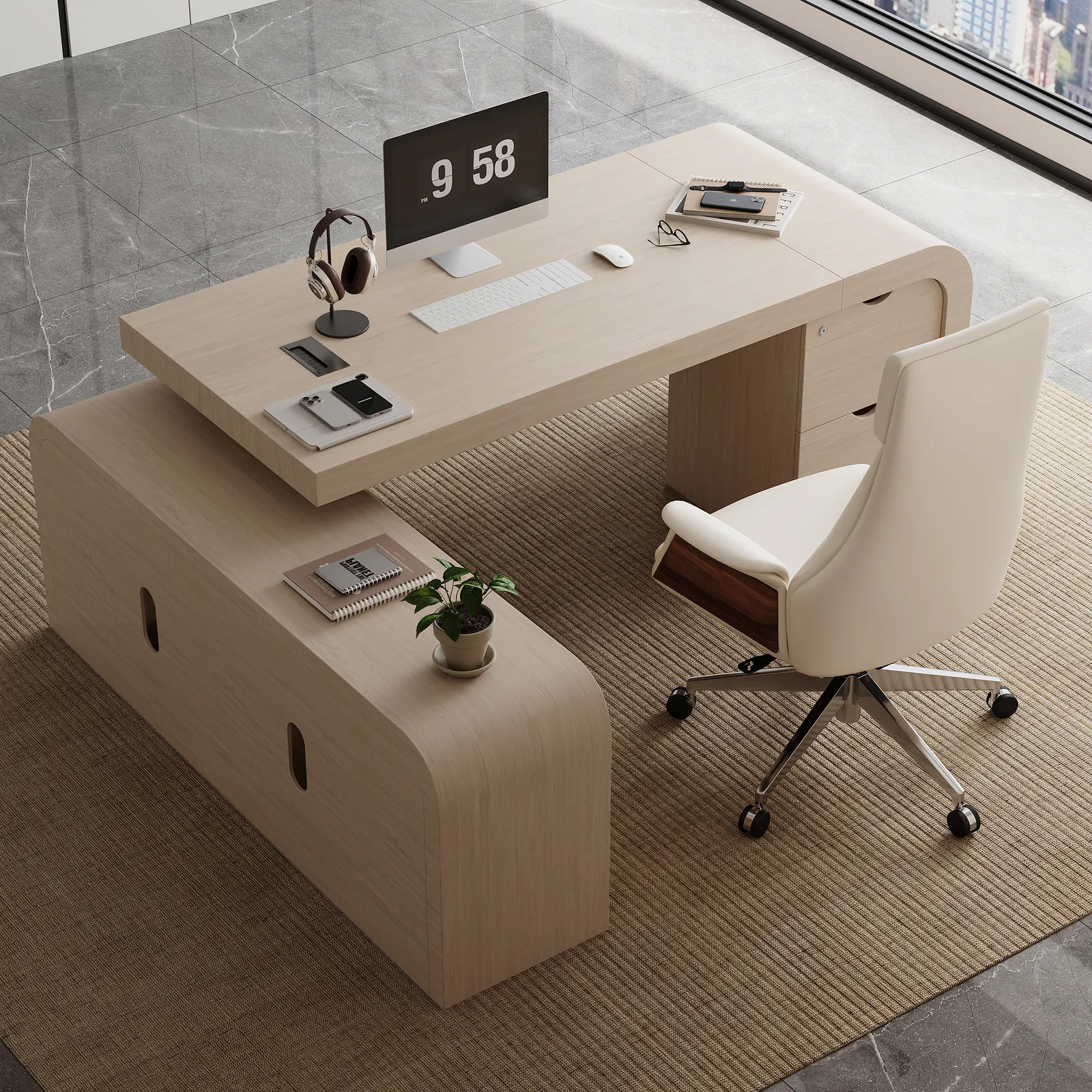 70.9" Whitewash L-shaped Executive Desk Left Hand & Reclining Leather Office Chair