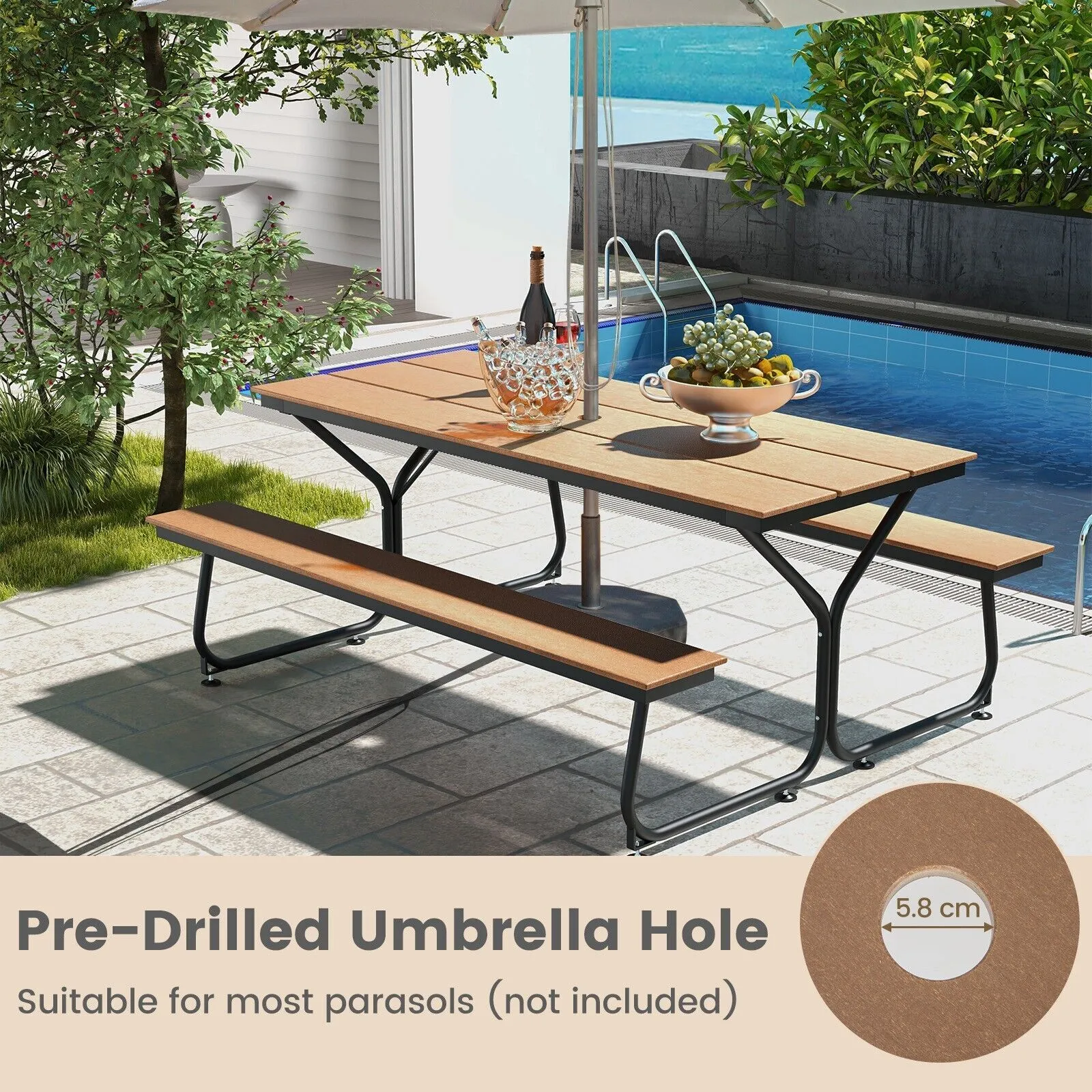 Costway Outdoor Dining Table & 2 Benches Picnic Table Bench Set w/ Umbrella Hole in Brown 6