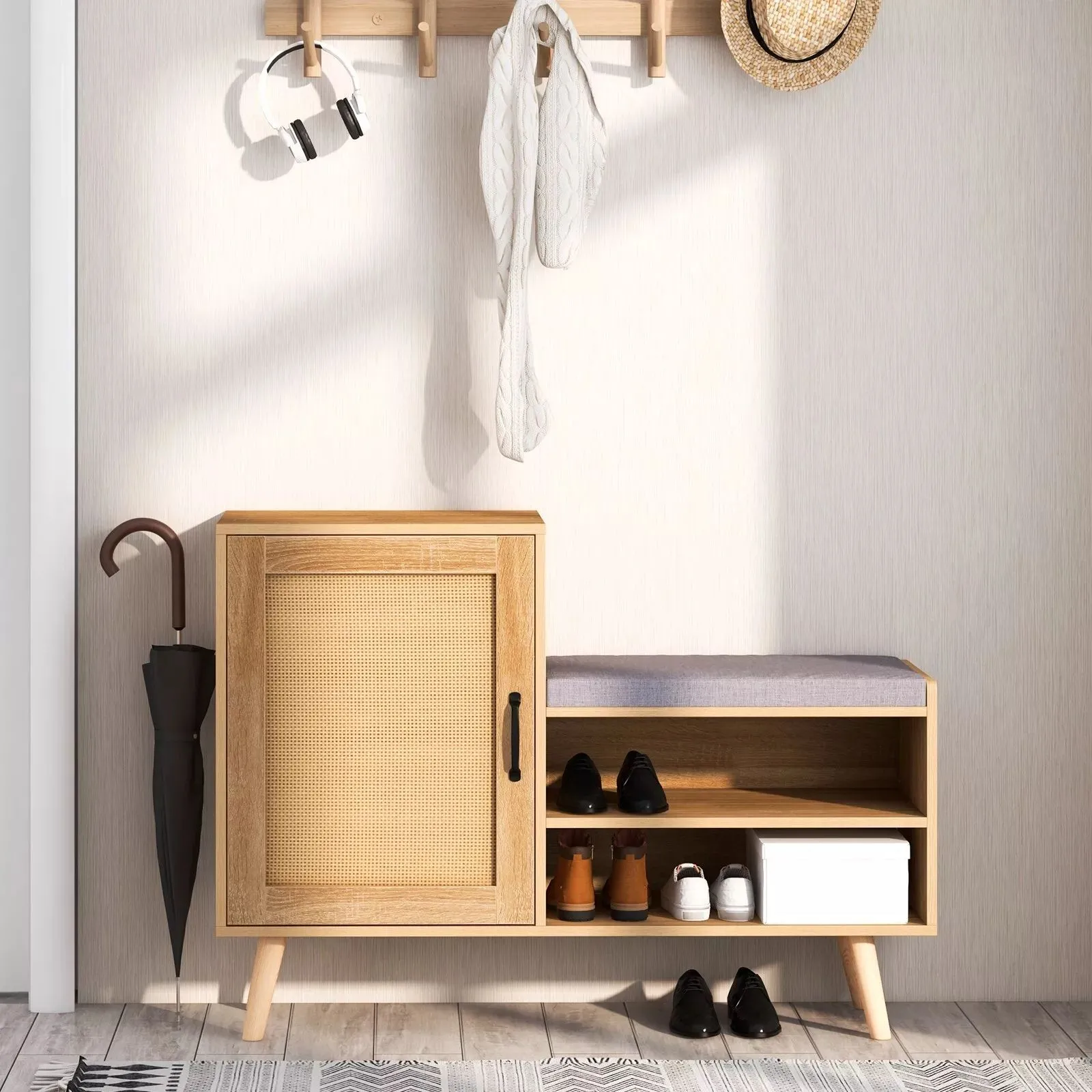 Costway Rattan Shoe Cabinet 2-in-1 Shoe Storage Bench Shoe Rack Cabinet in Natural 3