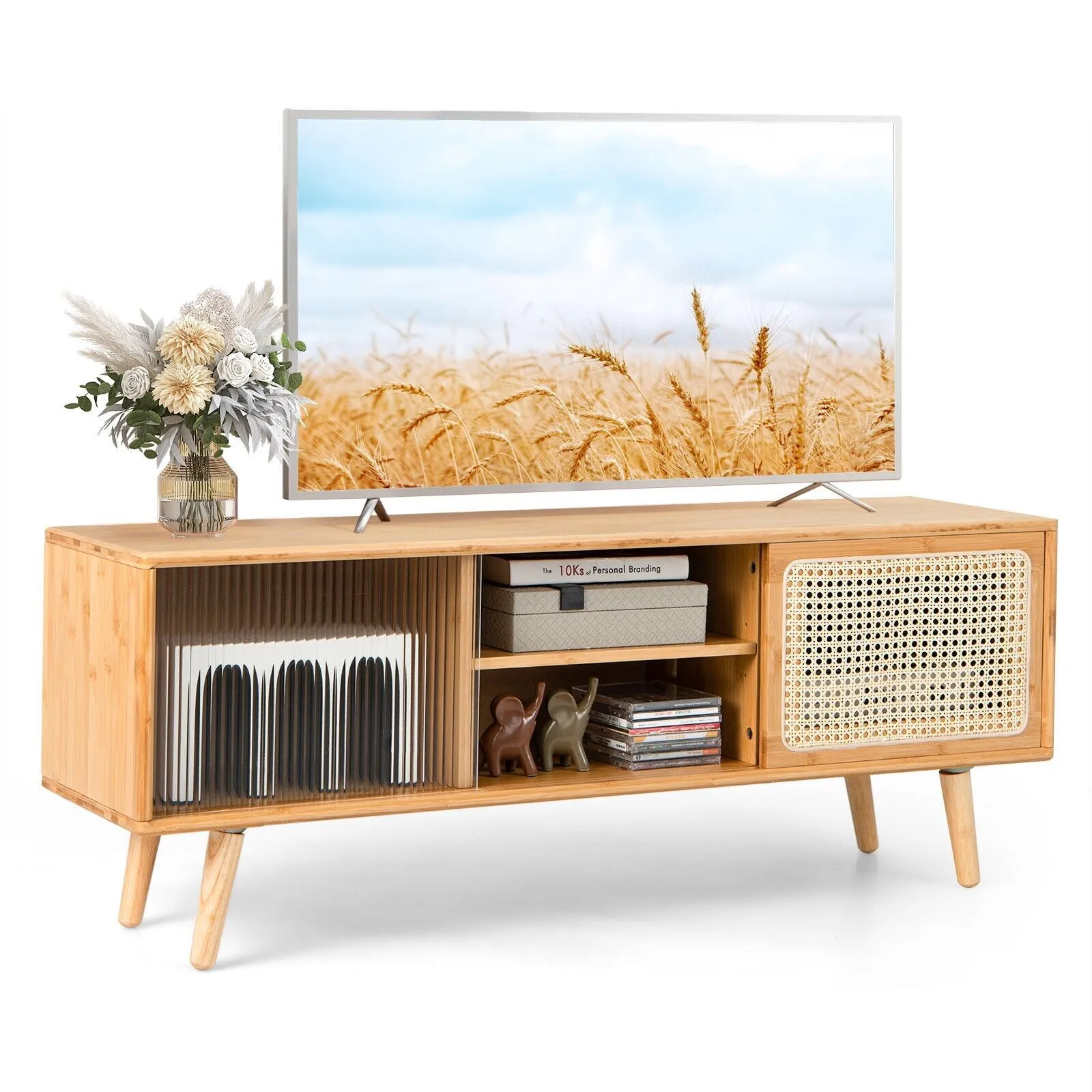 Costway Mid Century Modern TV Stand for TVs up to 55" Bamboo Entertainment Center in Natural