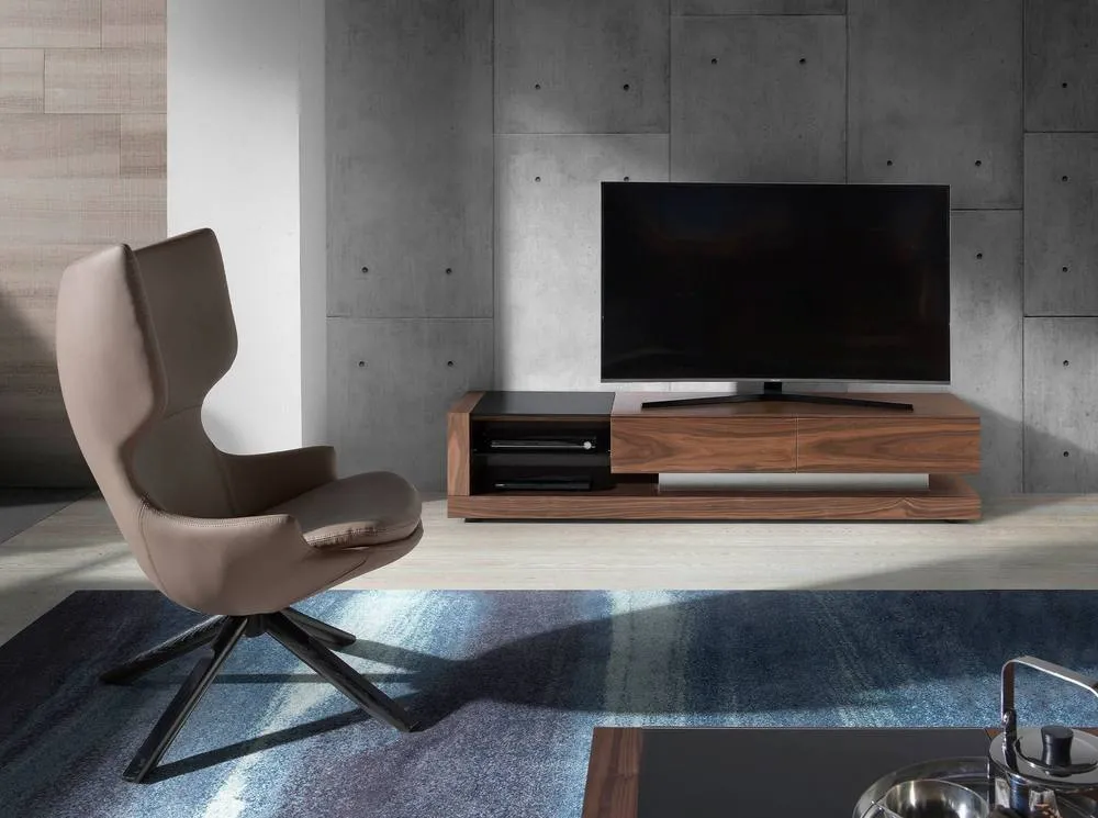 Angel Cerda Walnut TV Cabinet with Black Tinted Glass Top in Brown 3
