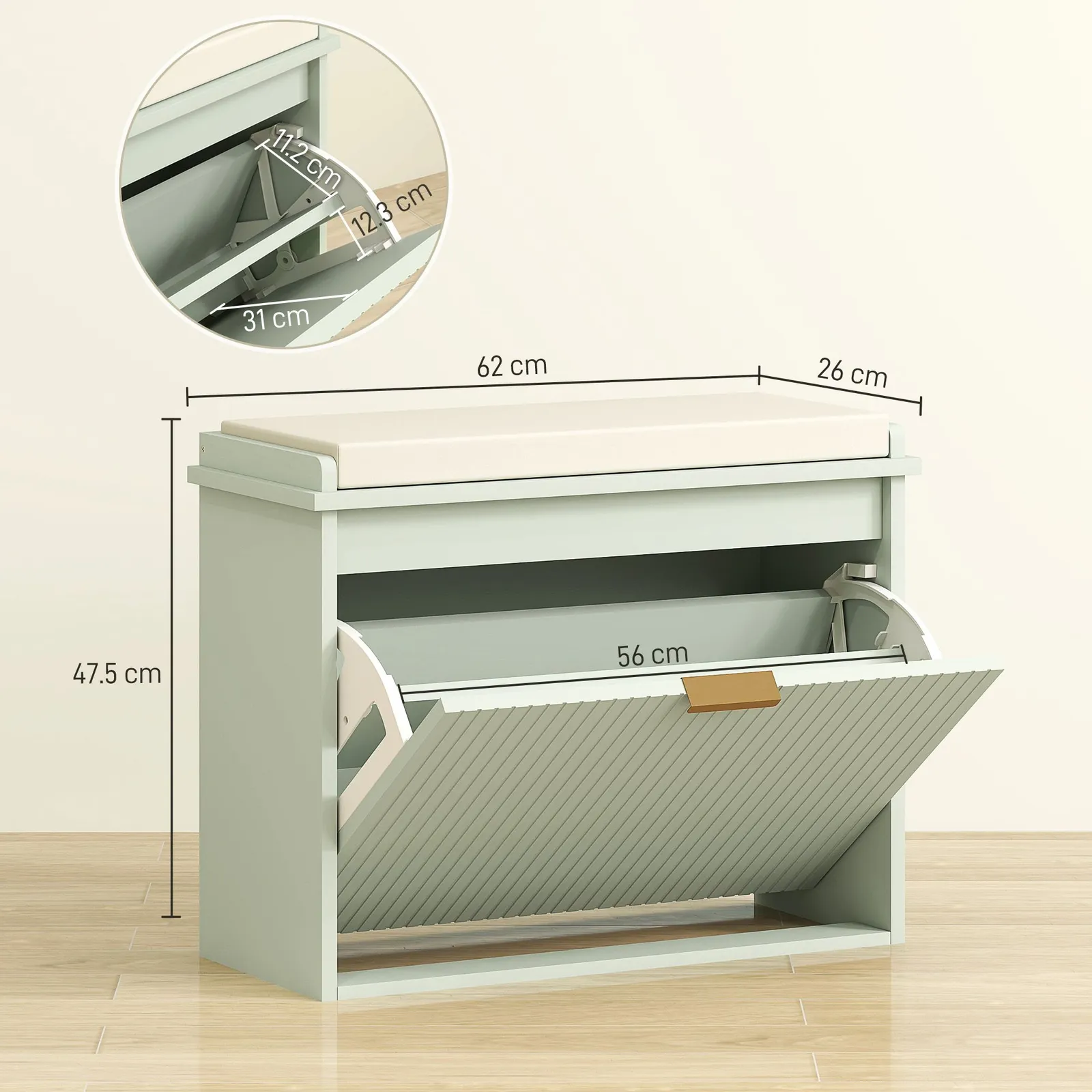 HOMCOM Shoe Storage Bench with Cushion & Flip-Drawer 62x26x47.5cm Green 3