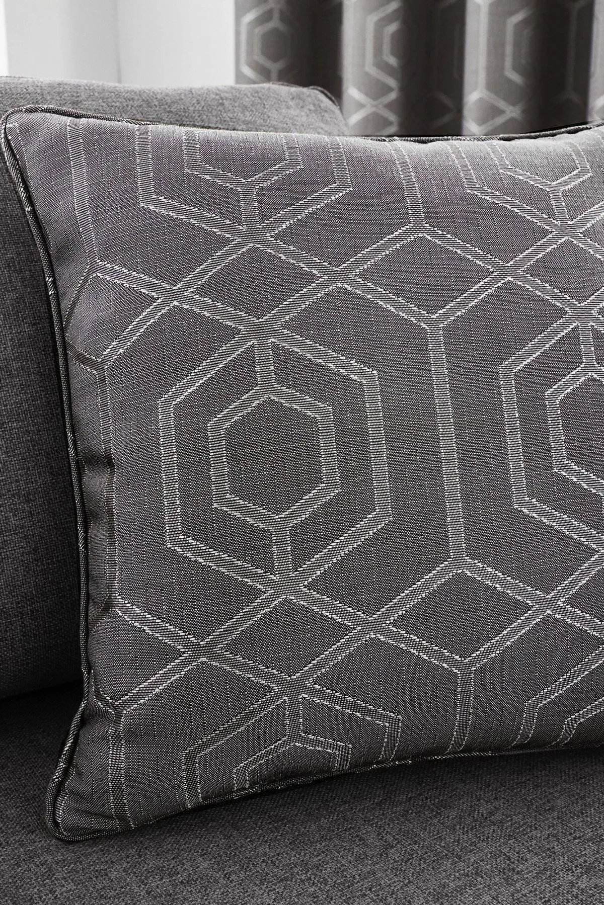 Curtina 'Camberwell' Filled Cushion With Geometric Jacquard Design in Dark Grey