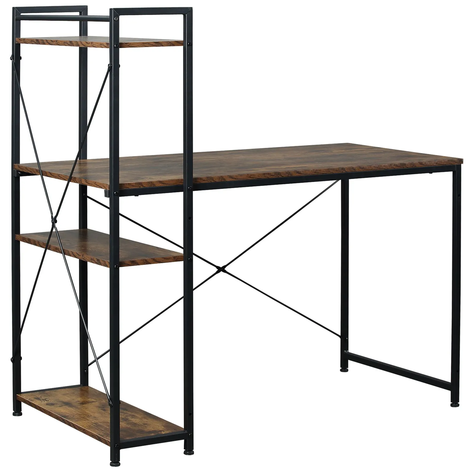 HOMCOM Computer Desk Laptop Table w/4-tier Bookshelf Metal Frame in Brown 2