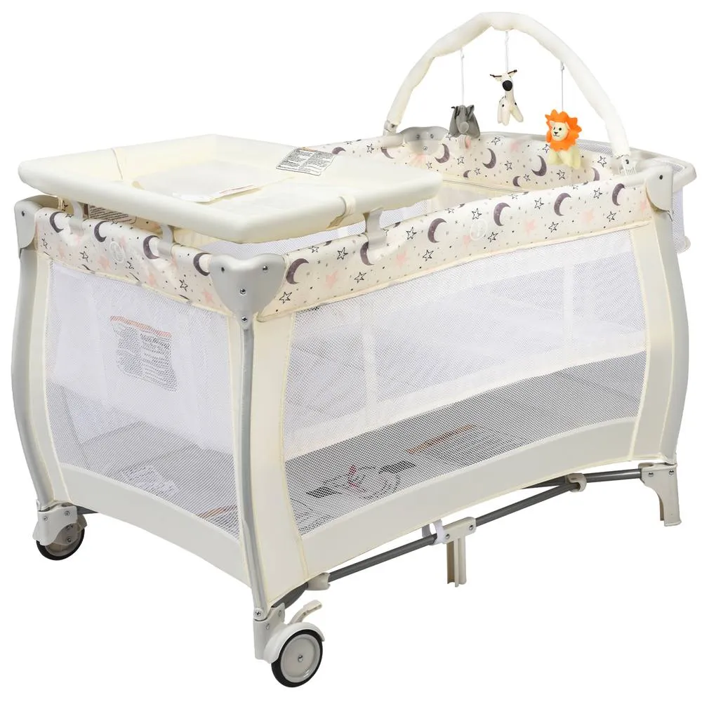 Costway 3 in 1 Travel Cot Foldable Baby Crib Playard w/Bassinet Nursery Center in Beige