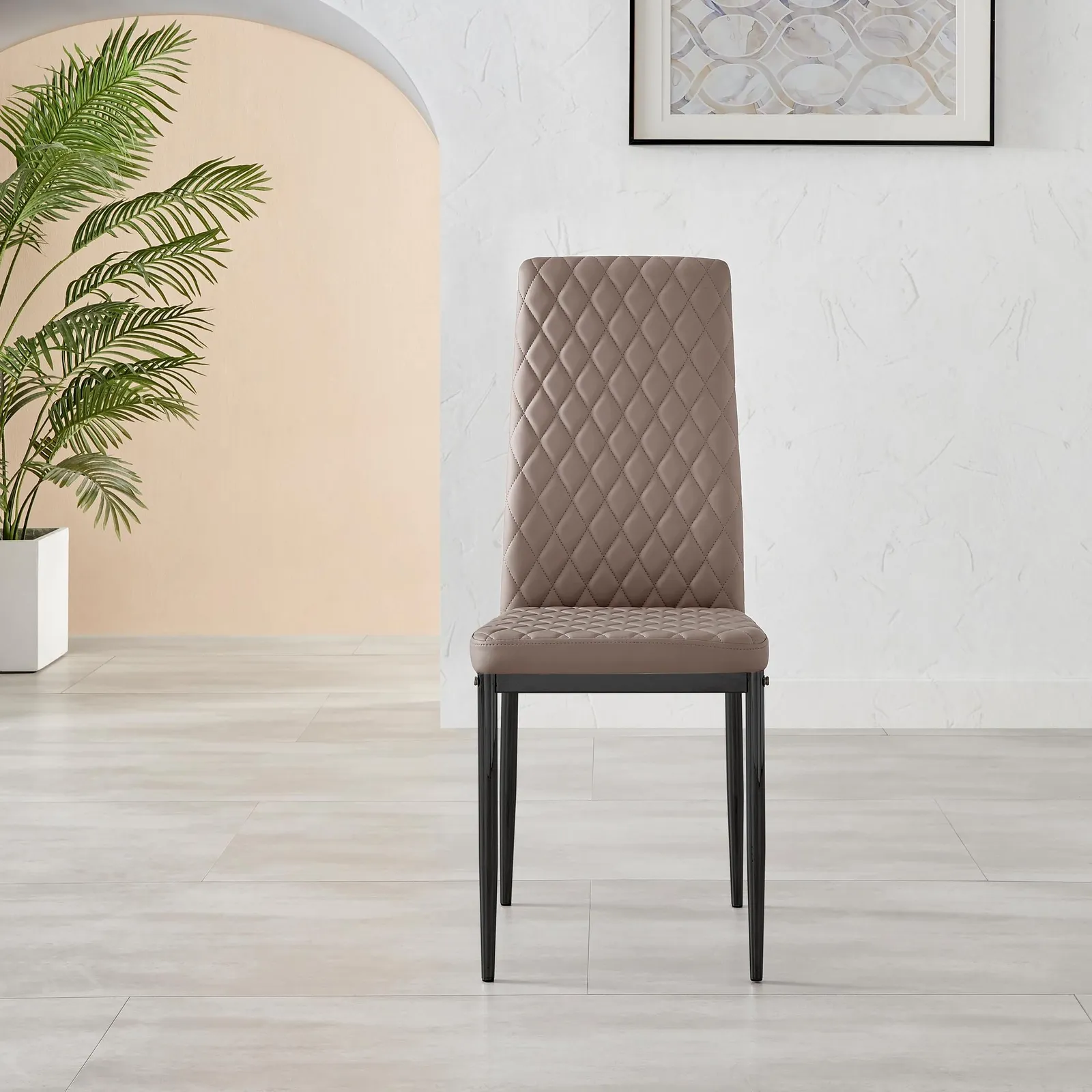 FurnitureboxUK Set of 6 Milan High Back Soft Touch Diamond Pattern Faux Leather Dining Chairs With Black Powder Coated Metal Legs in Beige 5