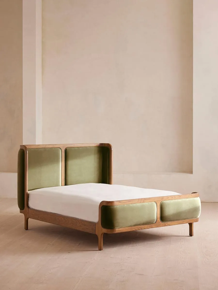 Belsa Bed, Light Oak, King, Velvet, Lichen