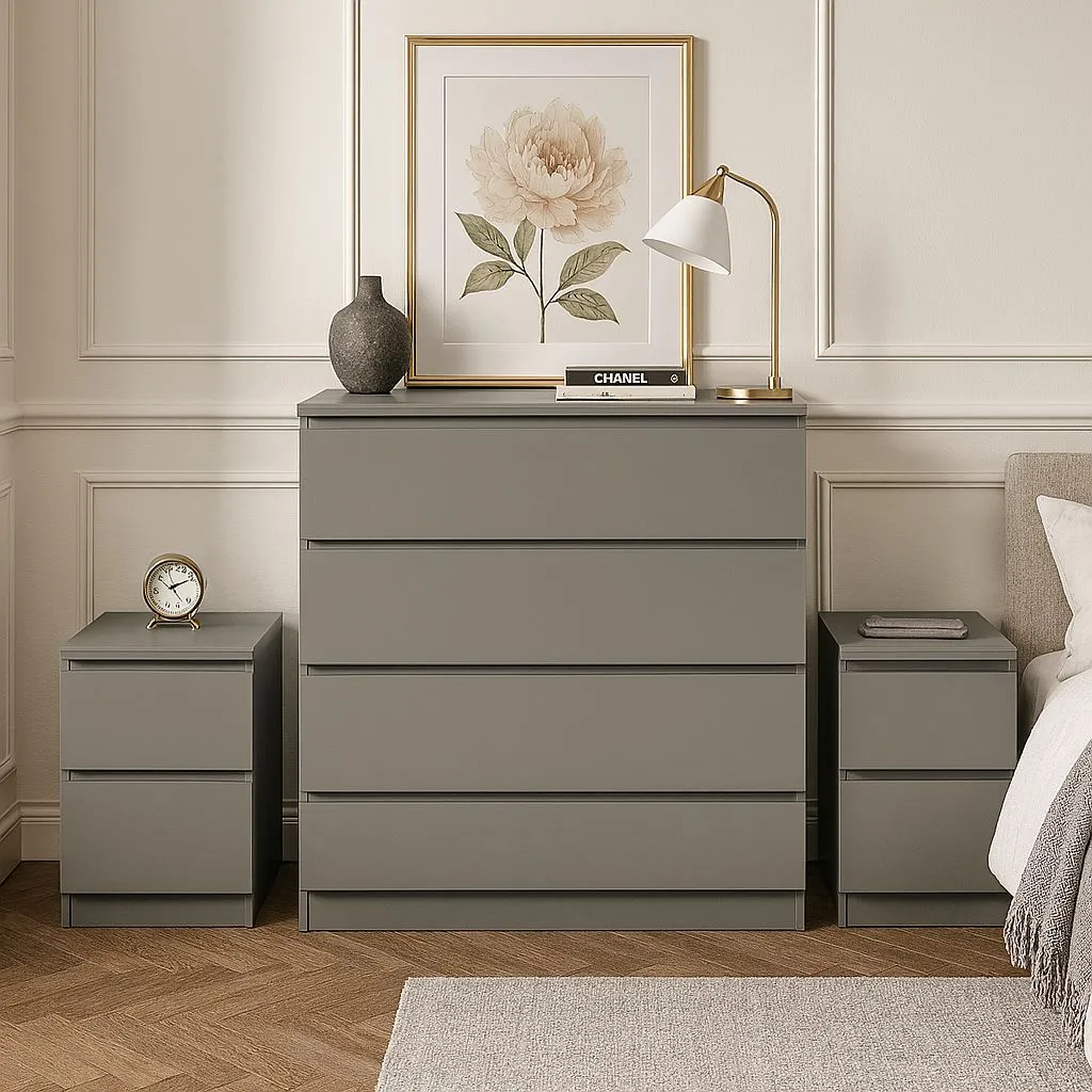 Birlea 3 Piece Furniture Set Chest of Drawers Bedside Tables Oslo in Grey