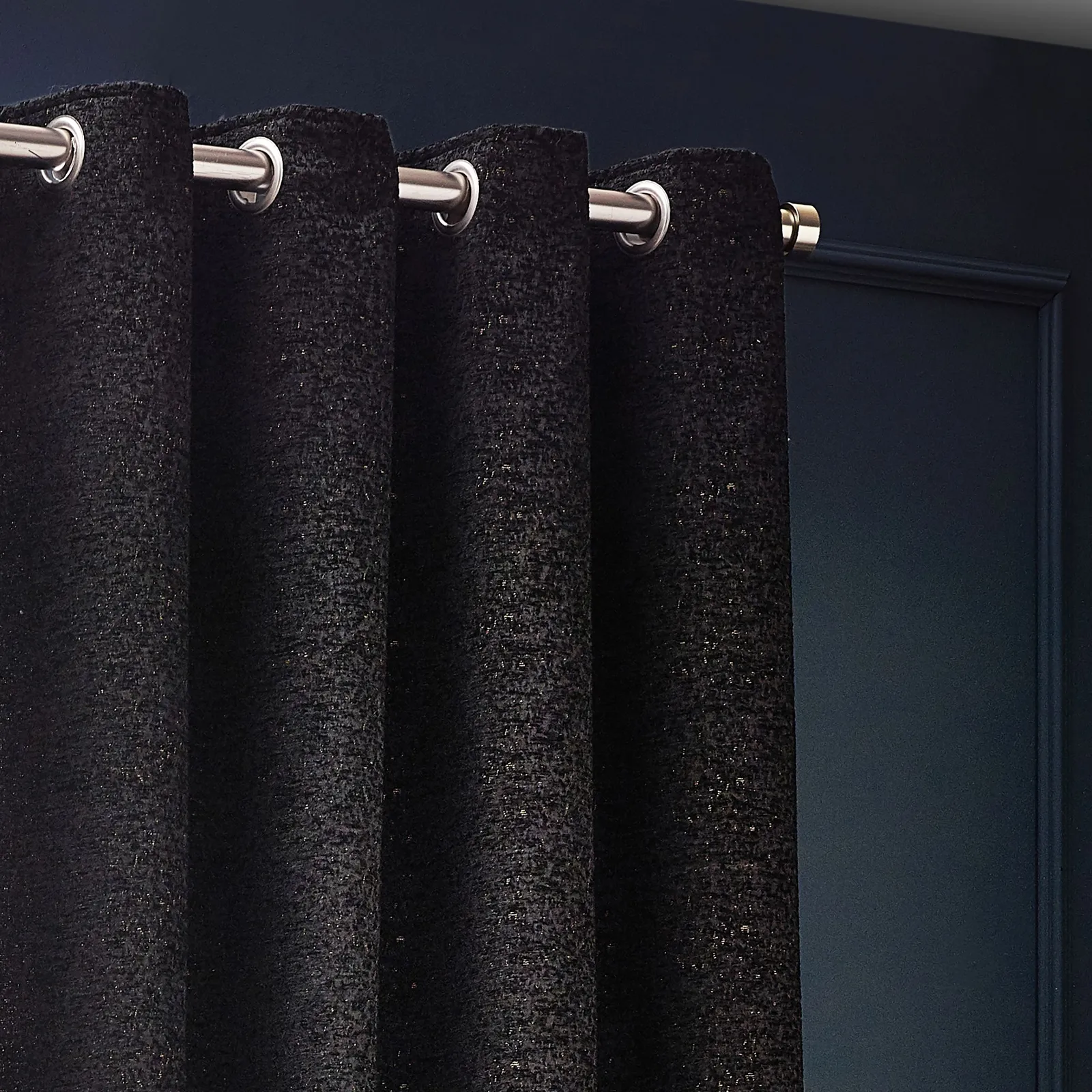 Paoletti Galaxy Velvet Chenille Eyelet Curtain Pair in Black 3