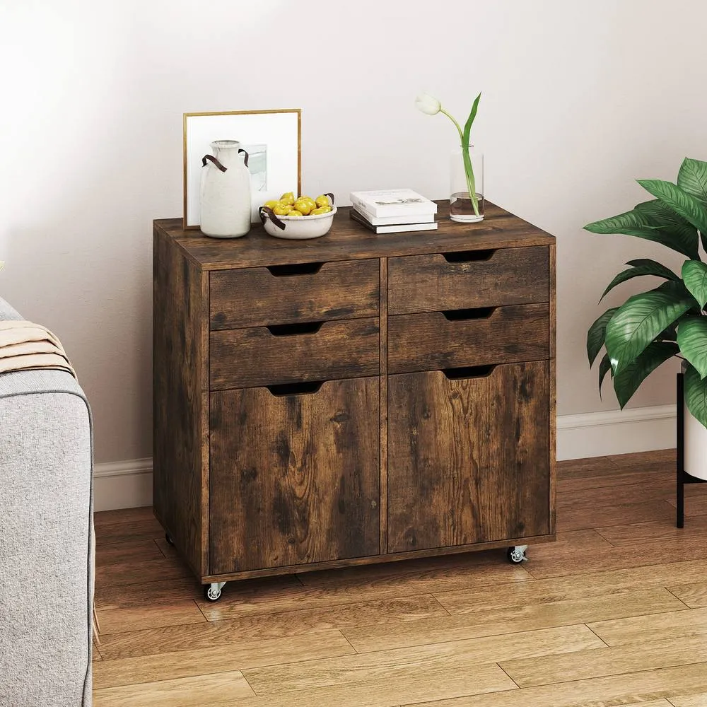 Costway 4 Drawer Dresser Chest Mobile Storage Cabinet w/Universal Wheels in Brown