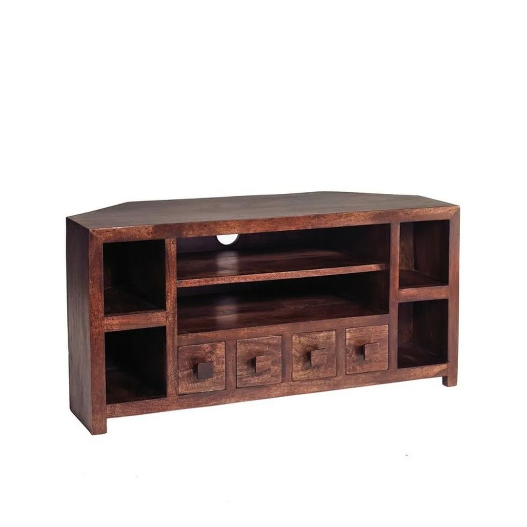 Indian Hub Toko Dark Mango Corner TV Unit - Solid Mango Wood L45 x W110 x H55 cm in Brown
