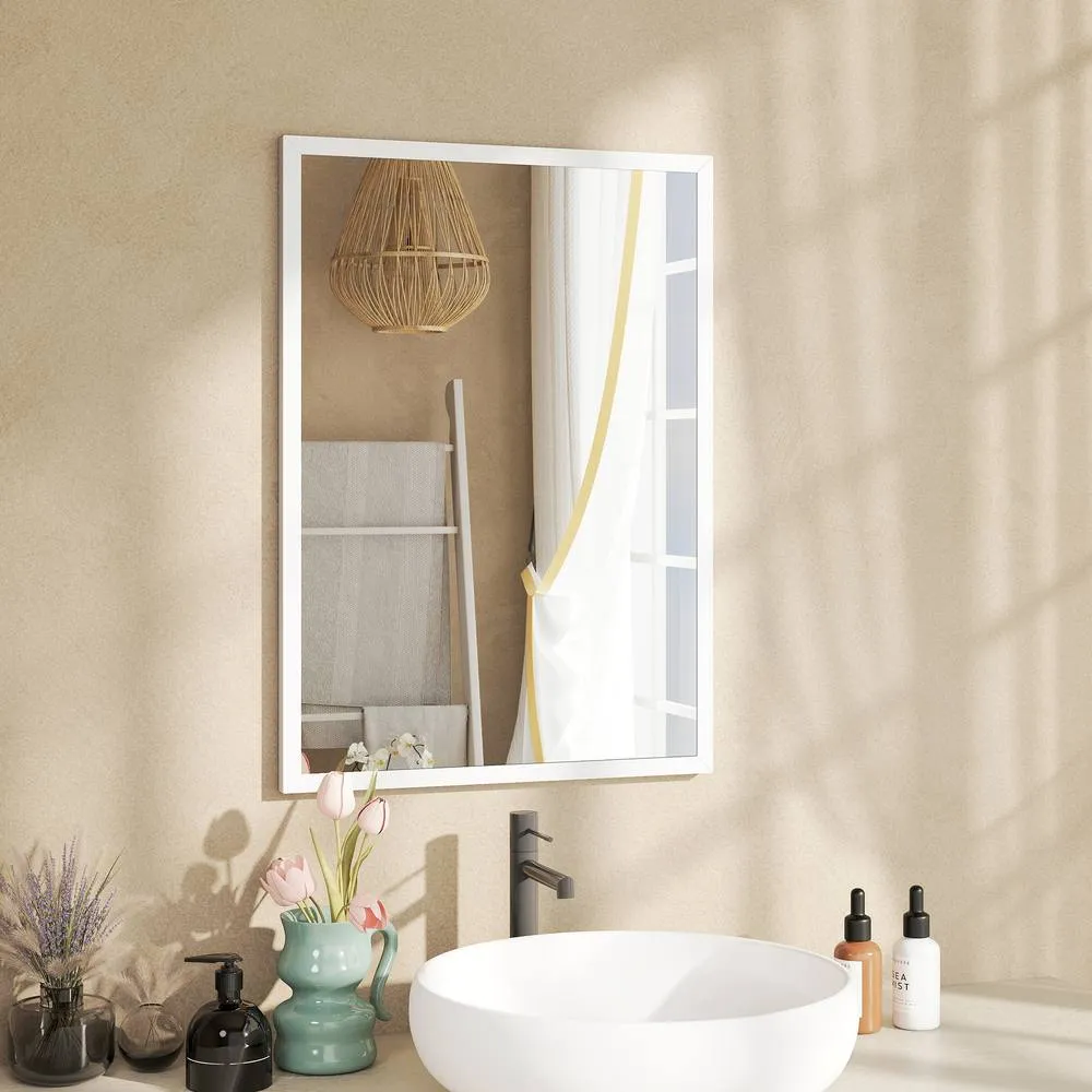 HOMCOM Wall-Mounted Bathroom Mirror, Decorative Rectangular, White