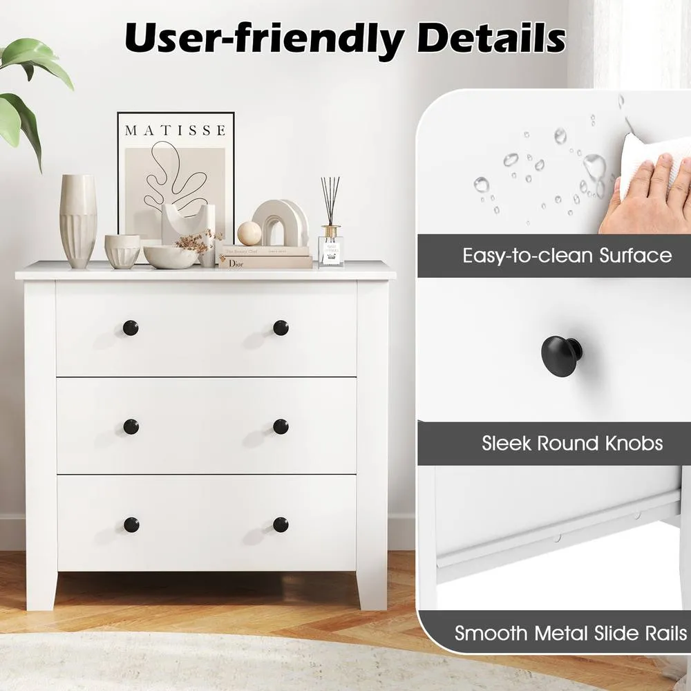 Costway 3-Drawer Dresser Modern Large Nightstand Storage in White 6