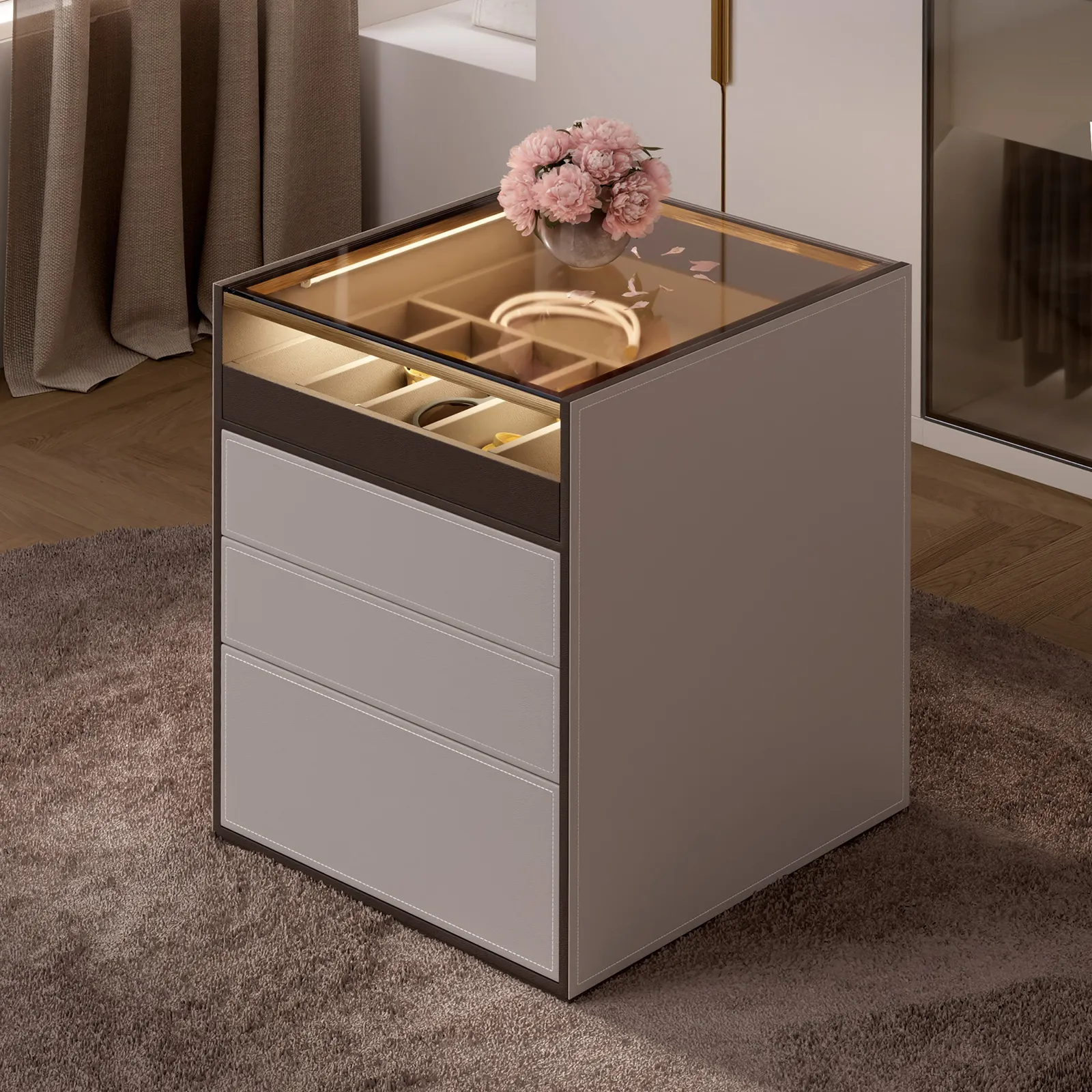 Leather Saddle 7-Drawer Walk-In Wardrobe Island with Light & Jewellery Display