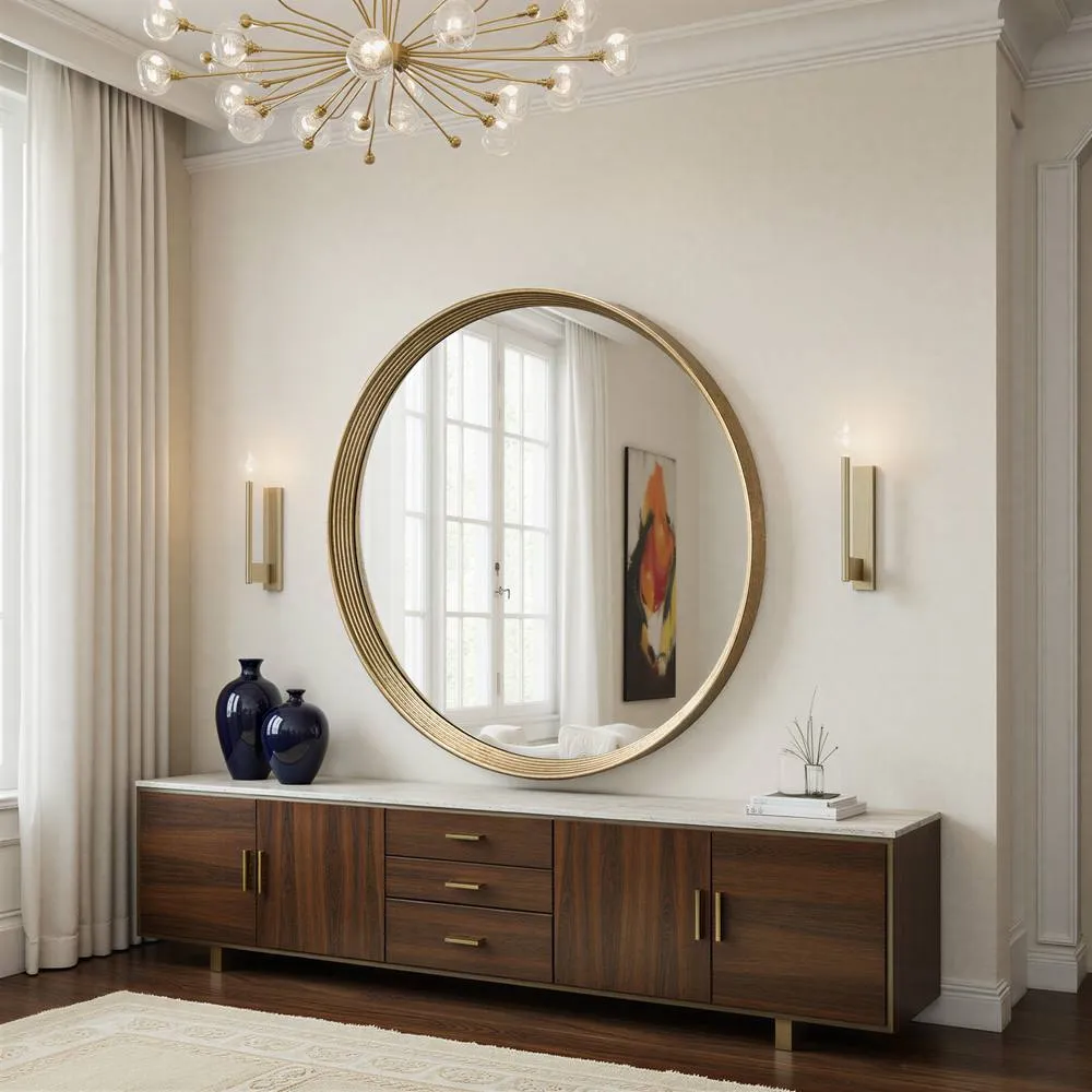 Yearn Mirrors Willow Gold Large Round Contemporary Mirror Bevelled in Metallic Gold 2