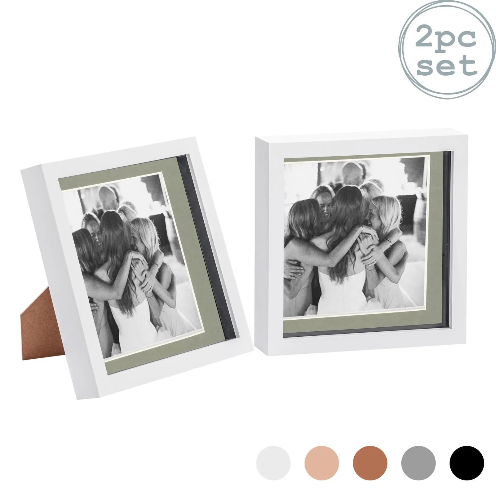 Nicola Spring 3D Box Photo Frames - 8 x 8" with 6 x 6" Mount - White Mount - Pack of 2