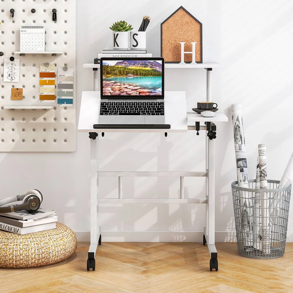 Costway Standing Computer Desk Mobile Sit to Stand Desk Laptop Cart in White 3