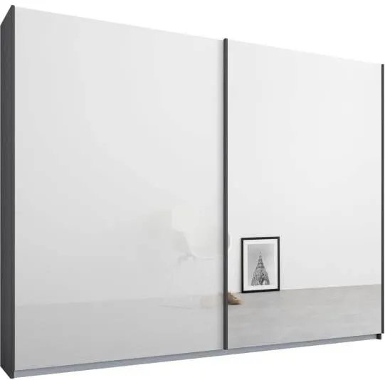 Malix 2 door 225cm Sliding Wardrobe, Graphite Grey frame,White Glass & Mirror doors , Classic Interior
