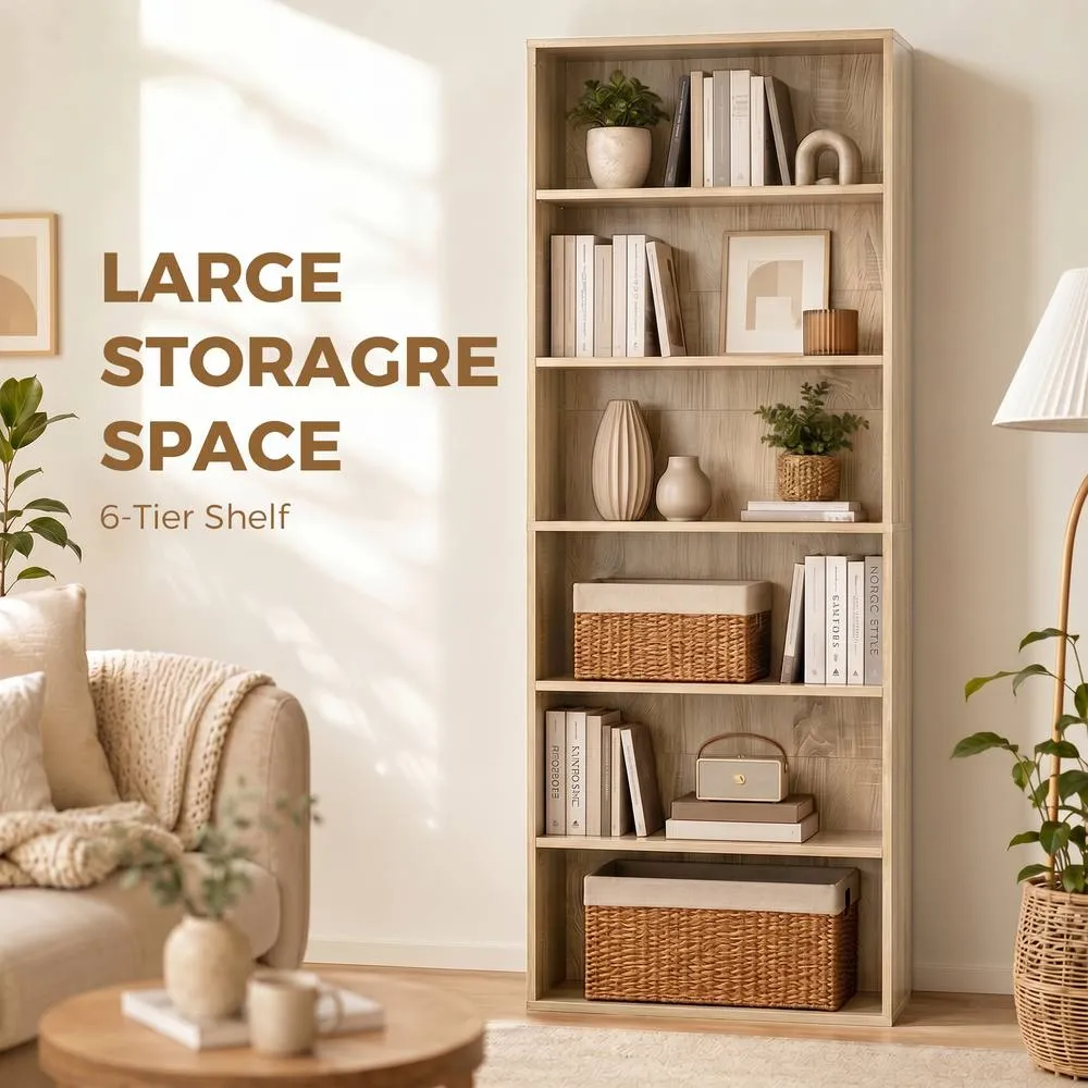 HOMCOM 6 Tier Bookshelf, Freestanding Bookcase with Adjustable Shelves, Oak in Natural 4
