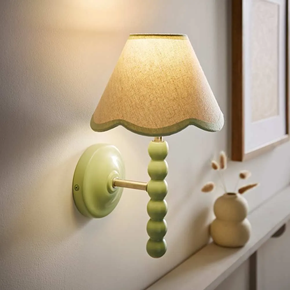 ValueLights Bobbins Sage Green Wall Light with Linen Trim Lamp Shade & LED Bulb in Pale Green 2