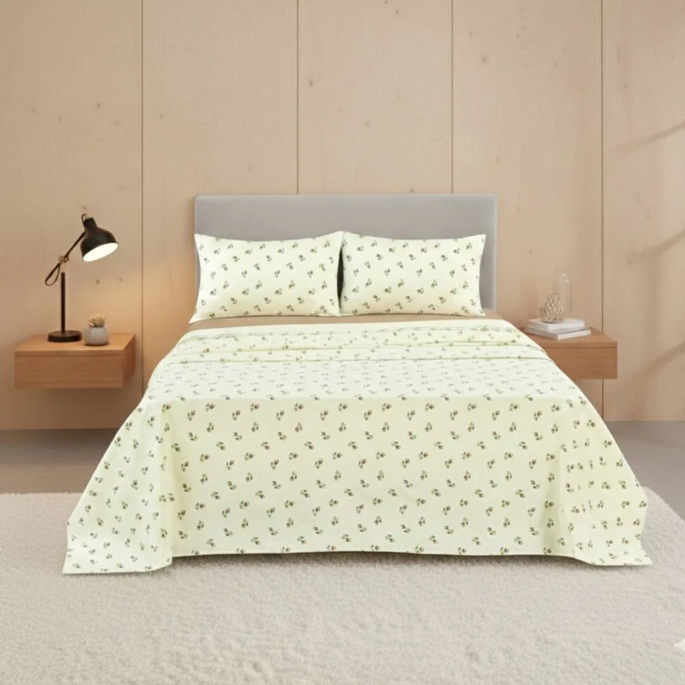 Snug City Soft Flower Print Brushed Cotton Fitted Flat Sheet Matching Pillowcase in Natural