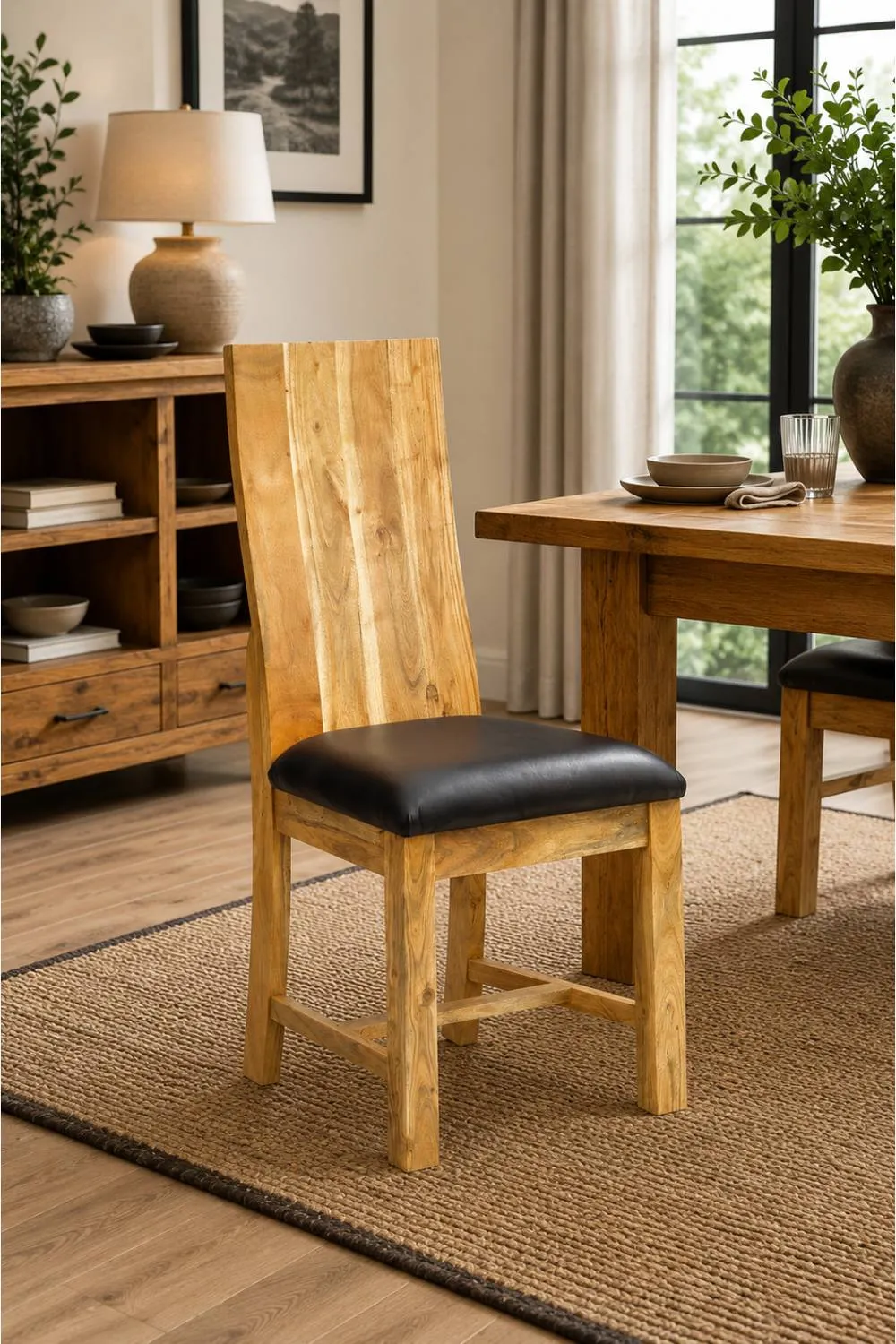 IH Design Cosmopolitan Industrial Acacia Dining Chairs Pair Black Leather in Brown