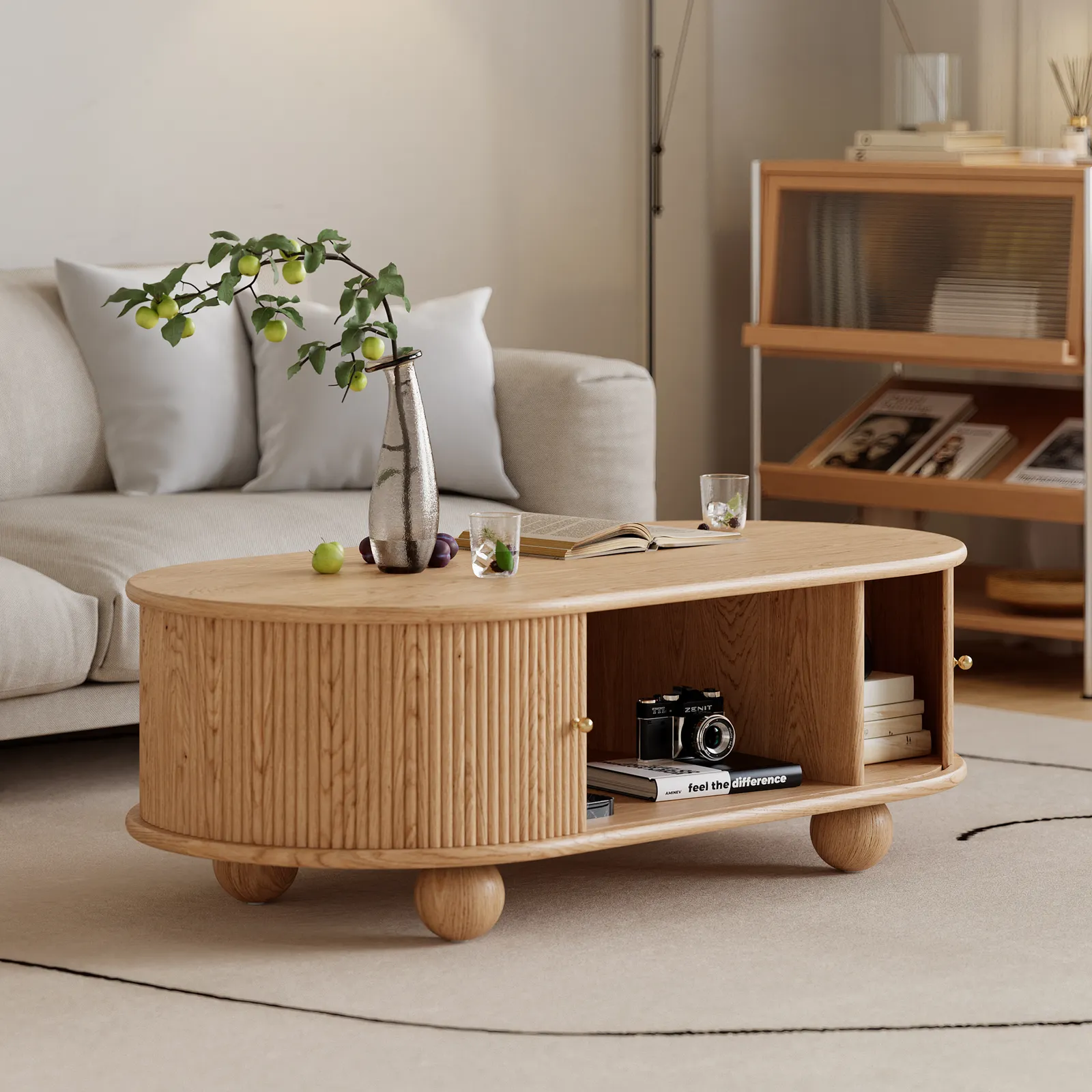 1200mm Tambour Door Solid Wood Coffee Table with Storage Oval Natural Living Room Table