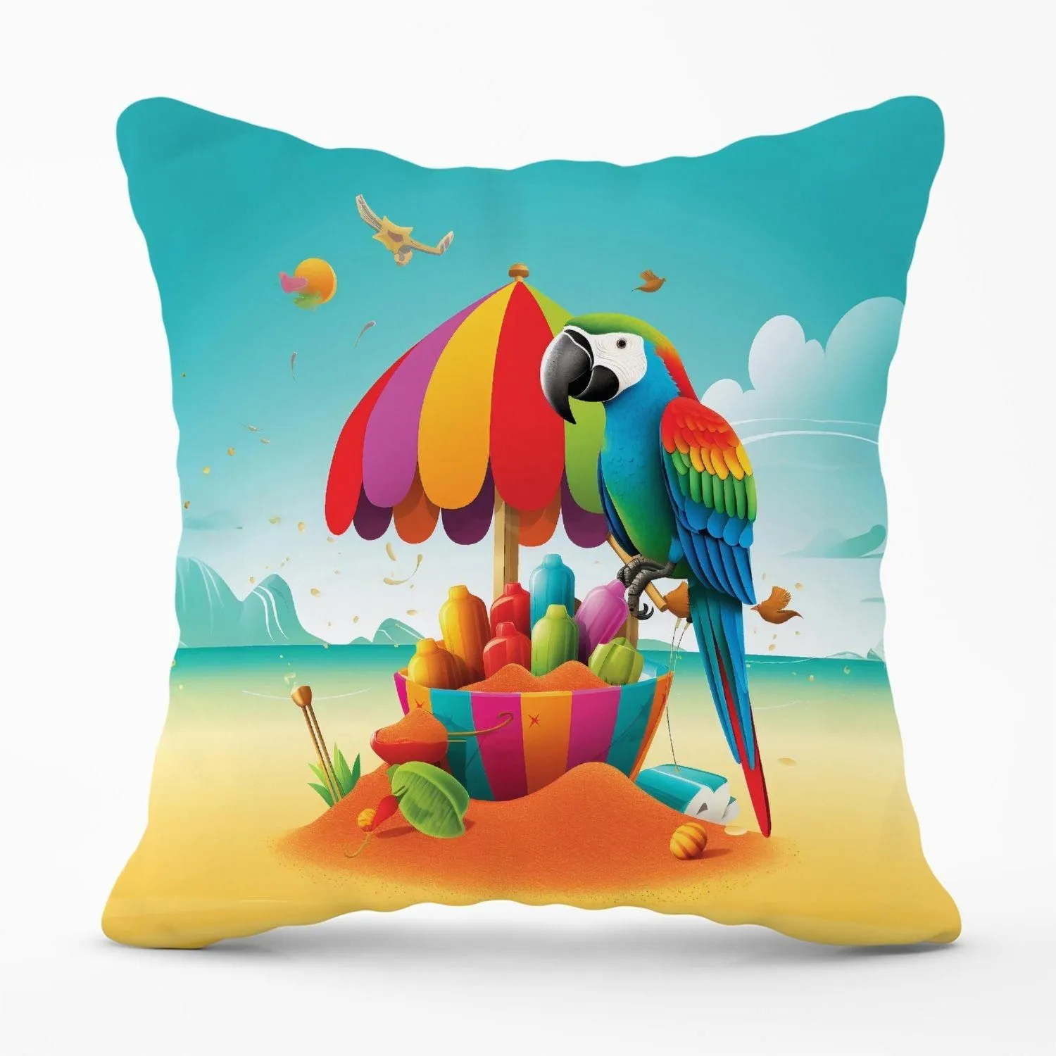 Warren Reed - Designer Parrot On A Beach Holiday Outdoor Cushion in Yellow