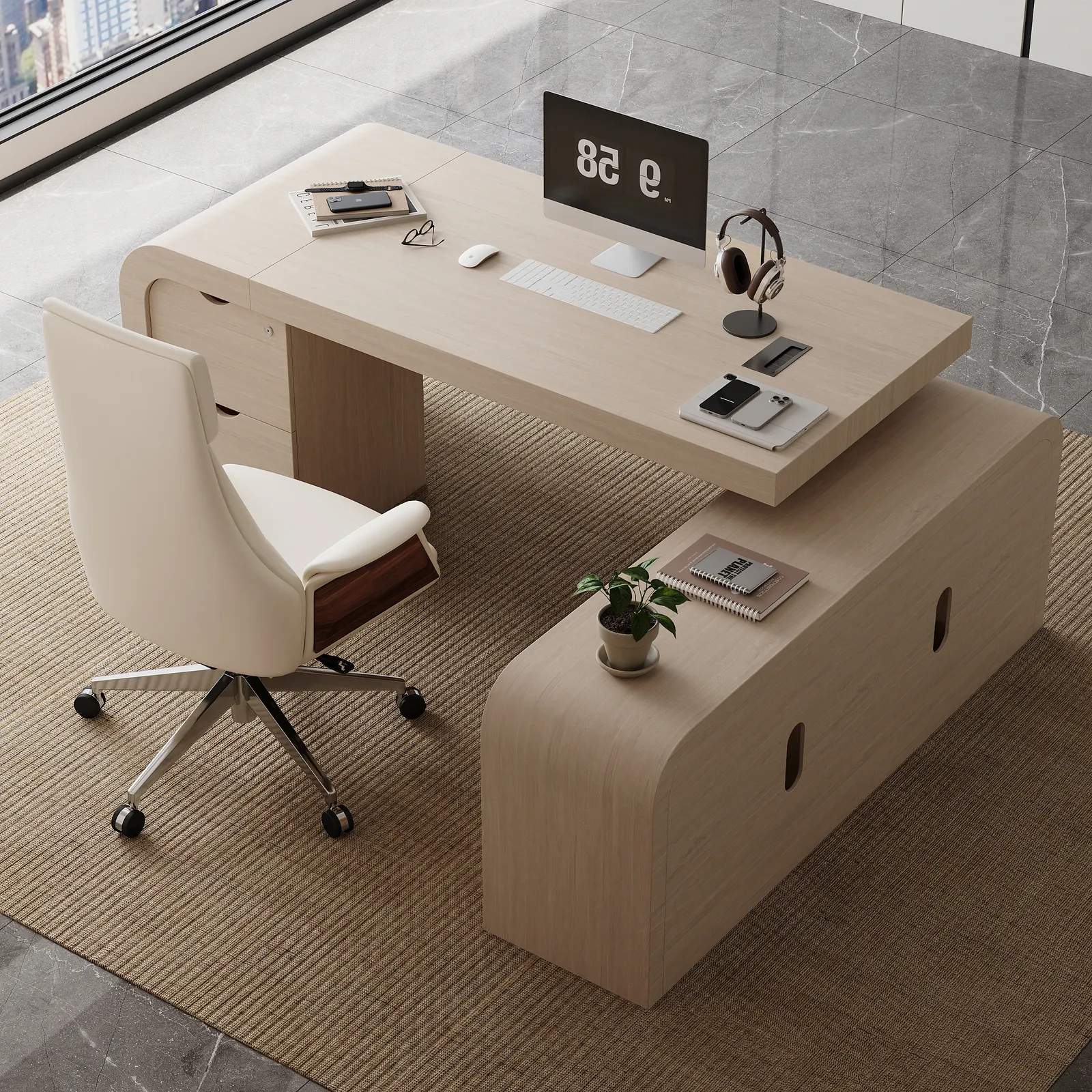 70.9" Whitewash L-shaped Executive Desk Right Hand & Reclining Leather Office Chair
