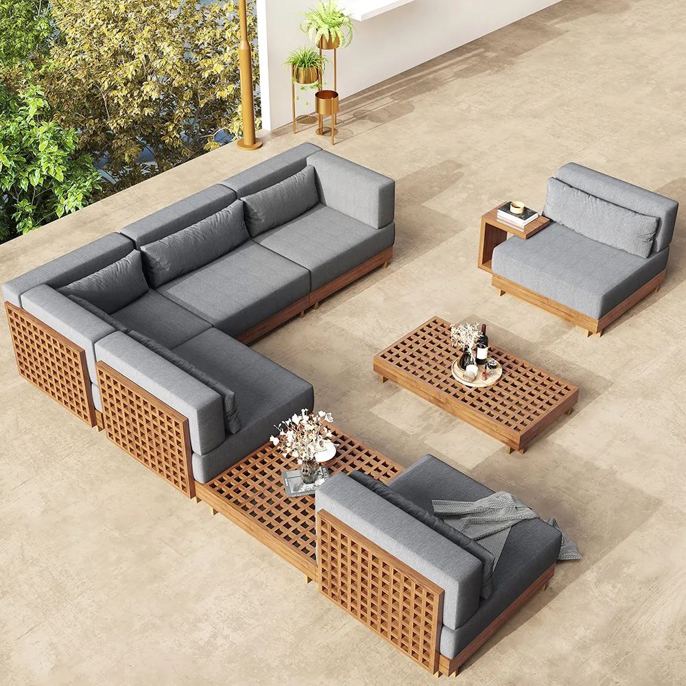 9-Pieces Teak Luxury Modular L-Shaped Garden Patio Sectional Sofa Set in Grey with Coffee Table and Cushions