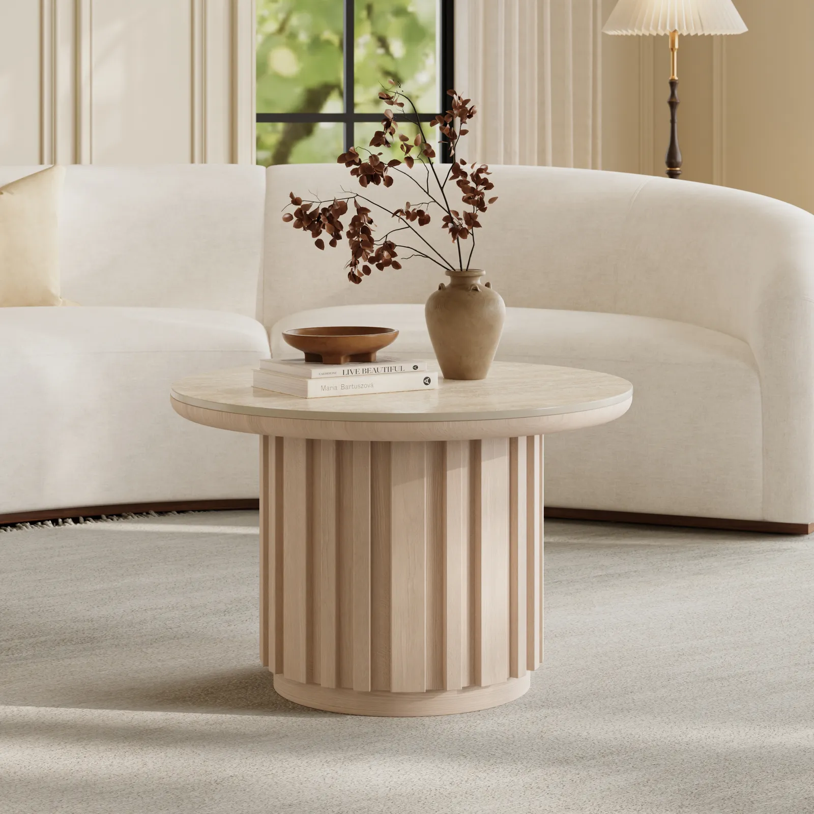 Aura Ash Wood Slatted Round Coffee Table with Sintered Stone Top