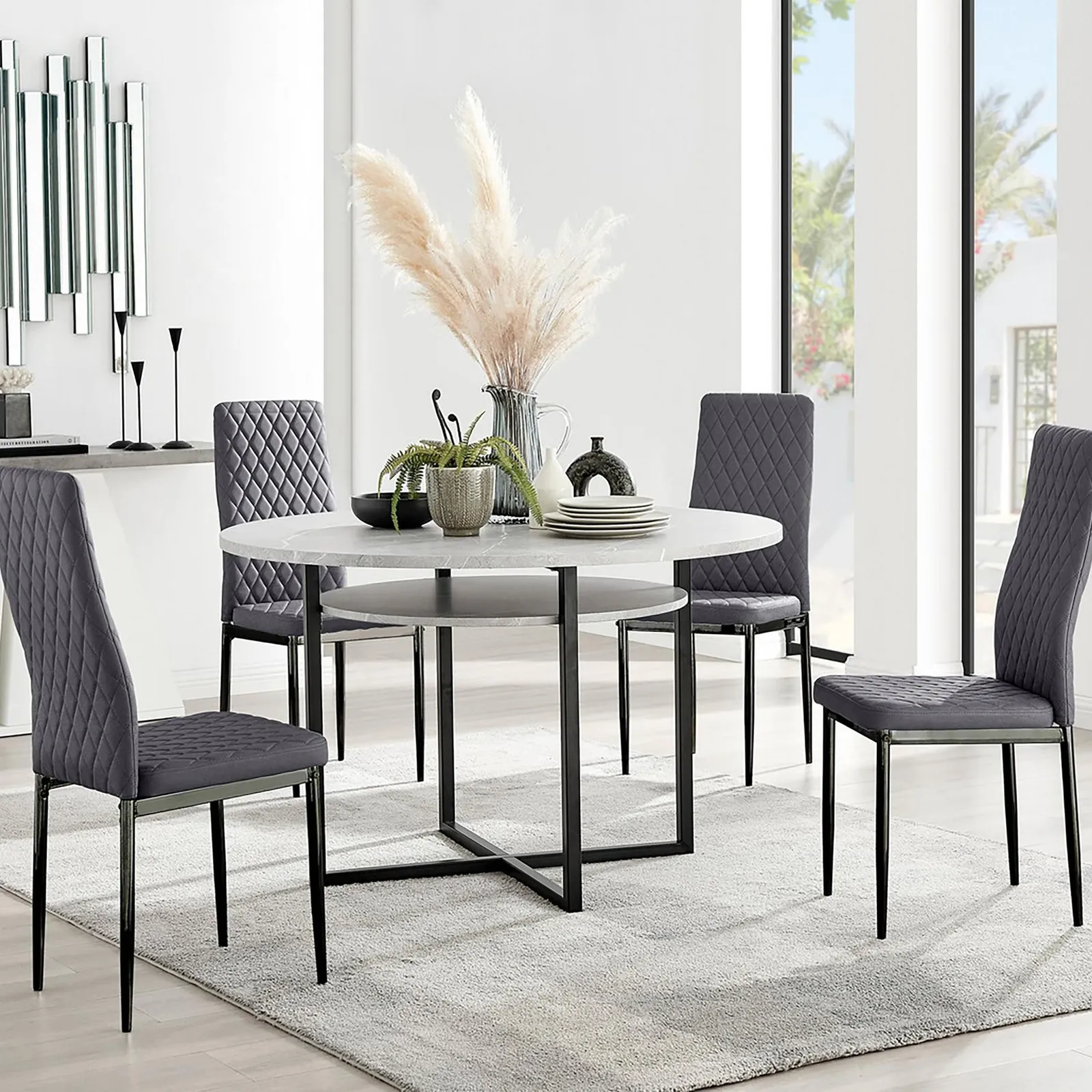 FurnitureboxUK Adley Grey Concrete Effect & Black Round Dining Table with Shelf & 4 Velvet Milan Dining Chairs