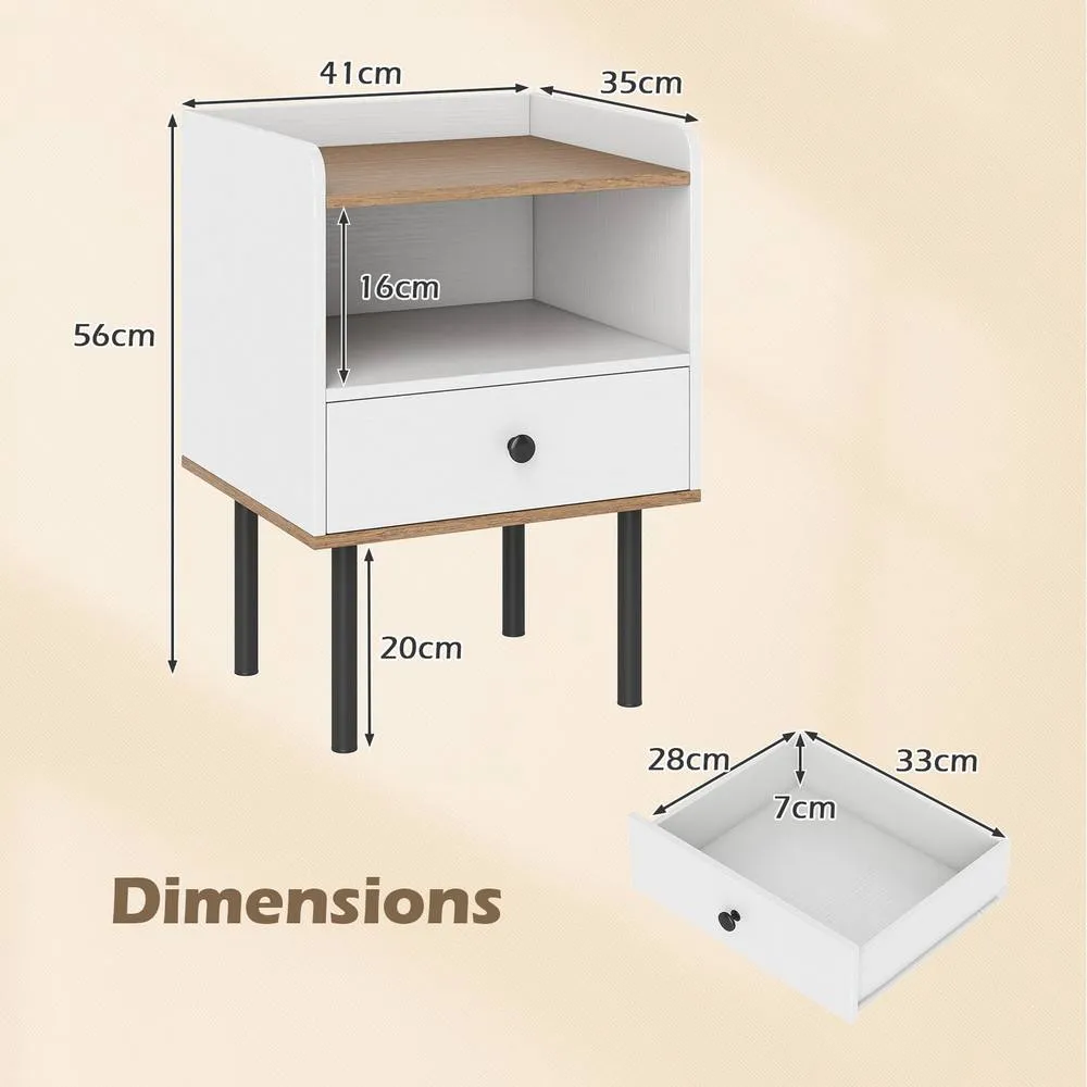 Costway 1 Pcs Nightstand Bedside Table with Drawer & Open Storage Shelf-White in White 2