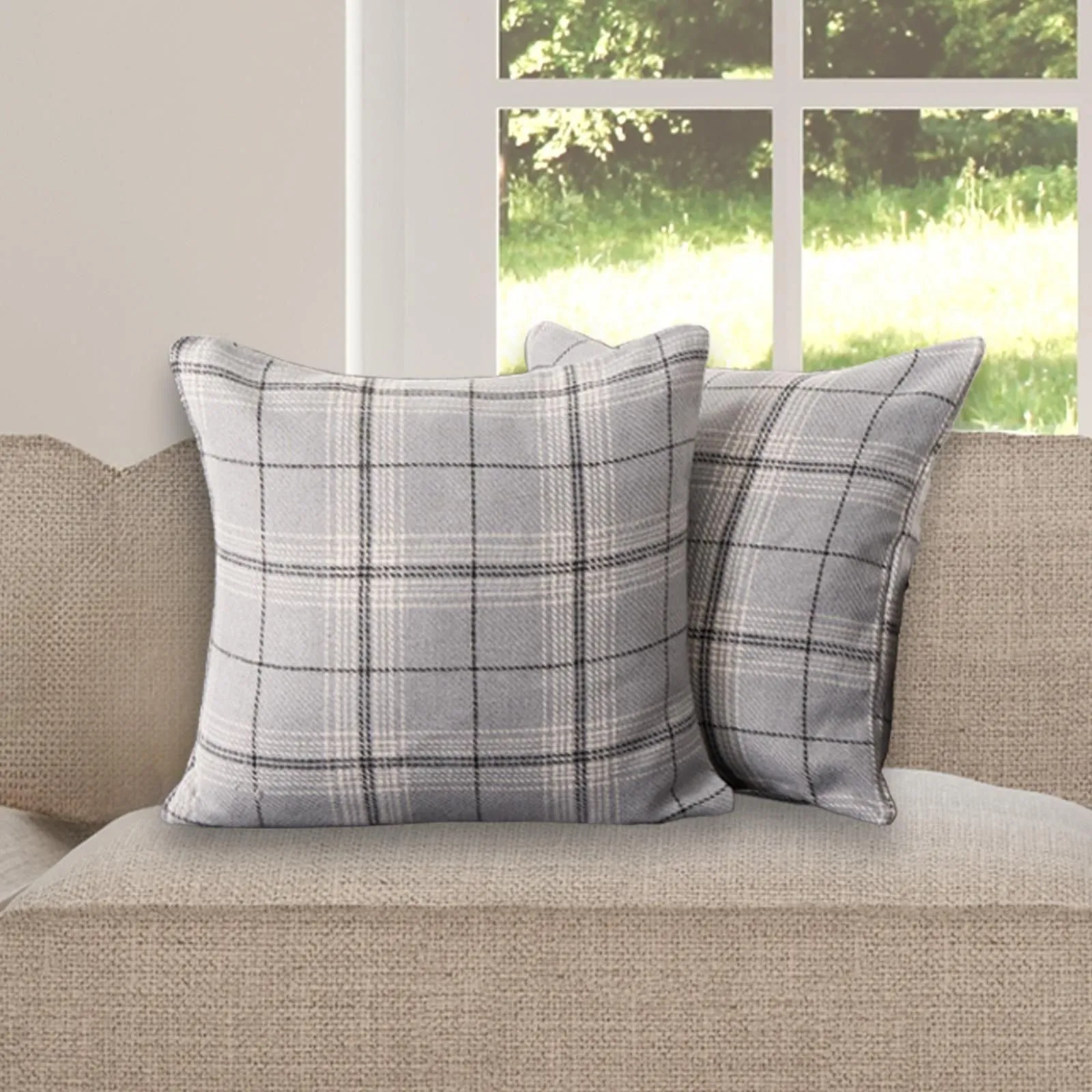 OHS 4 Pack Woven Check Cushion Covers Printed Soft in Grey