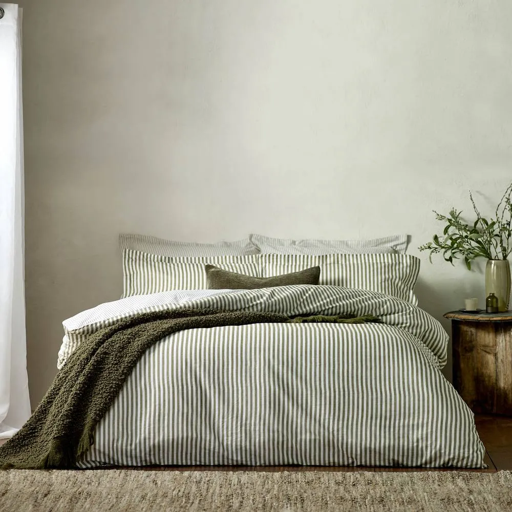 Yard Hebden Stripe 100% Cotton Duvet Cover Set, Double, Olive, Green