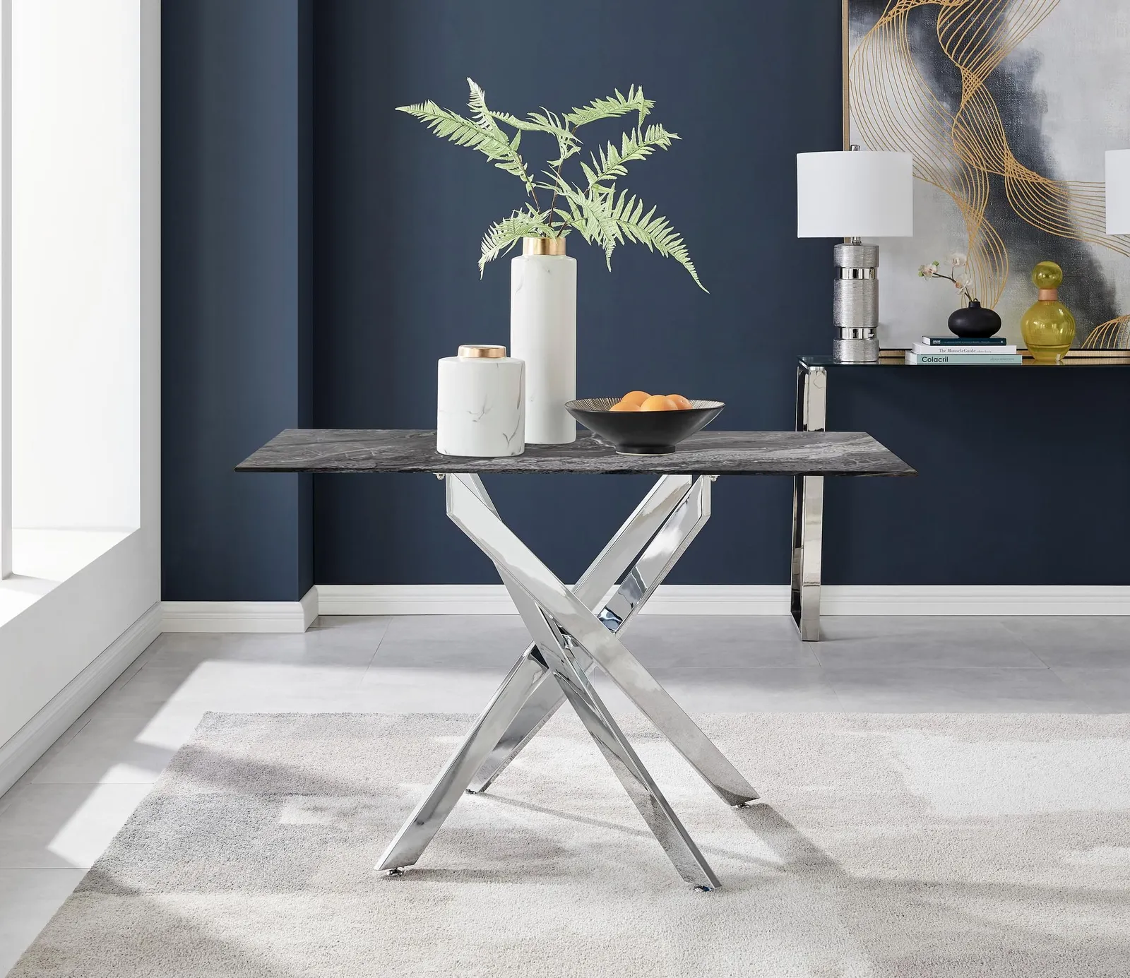 FurnitureboxUK Leonardo Grey Glass Marble Effect Silver Leg Table & 4 Pesaro Silver Chairs 3