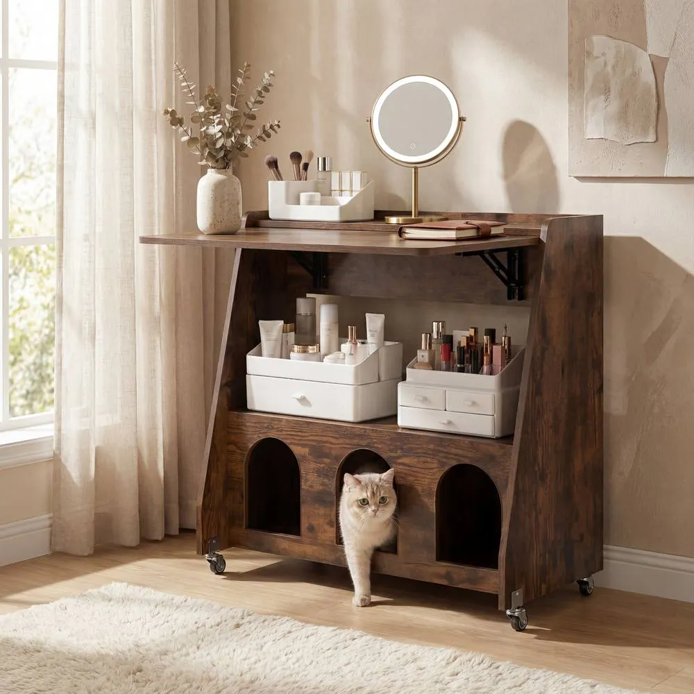Costway Folding Desk on Wheels Brown Drop Leaf Writing Desk w/ Storage 6