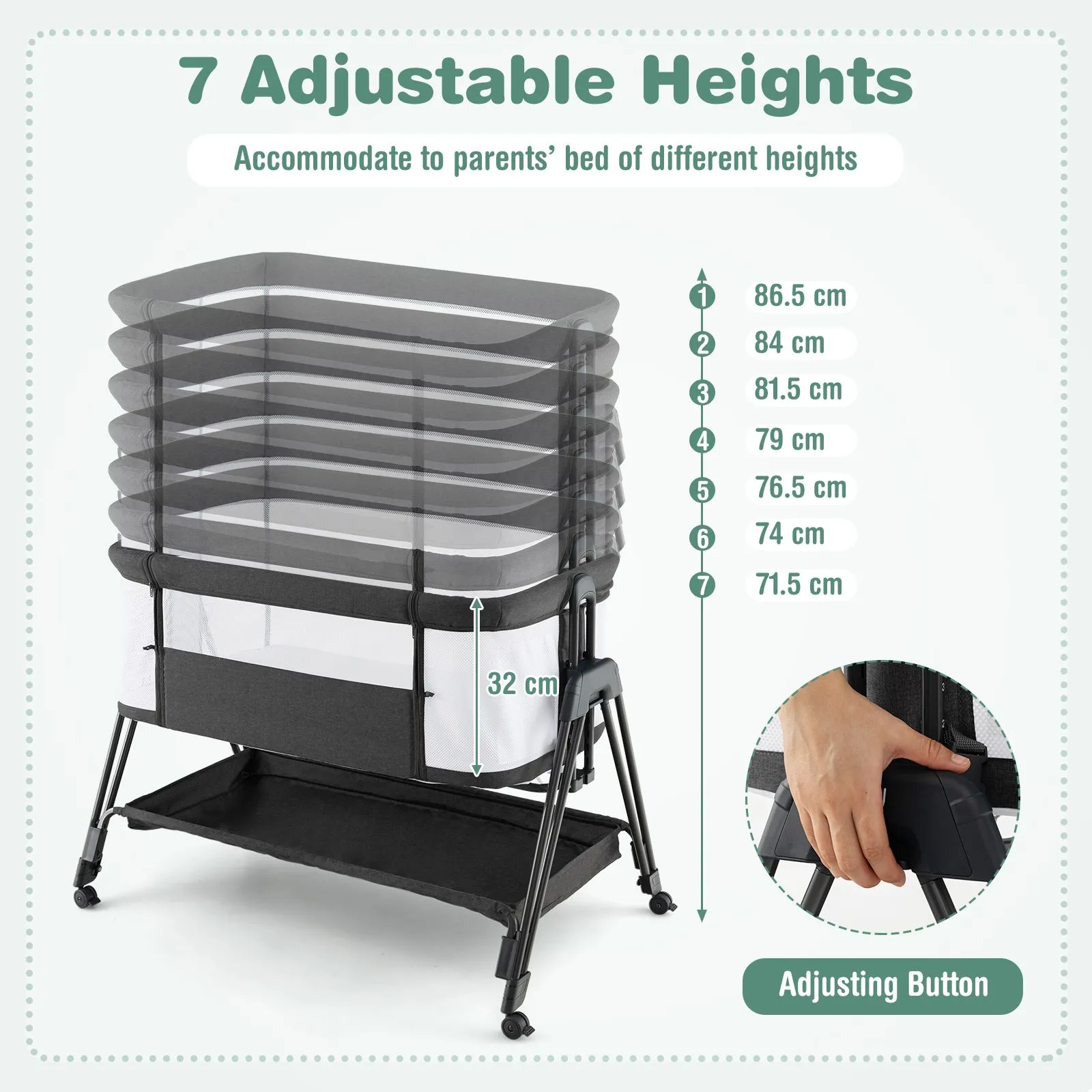 Costway Baby Bedside Crib Folding Sleeper Bassinet Cot Bed Portable 7 Adjustable Heights in Grey 6