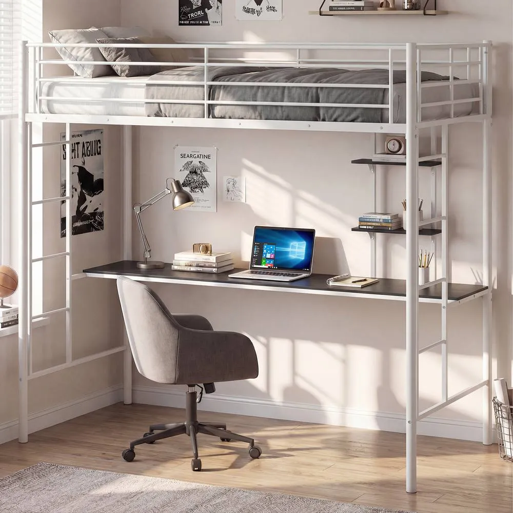 Costway Single Size Loft Bed with Desk & Shelves in White