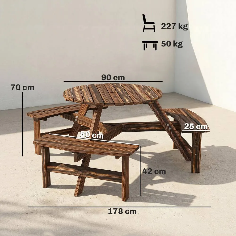 OUTSUNNY 6 Person Fir Wood Table Bench Set Outdoor Garden Patio, Carbonized in Brown 3